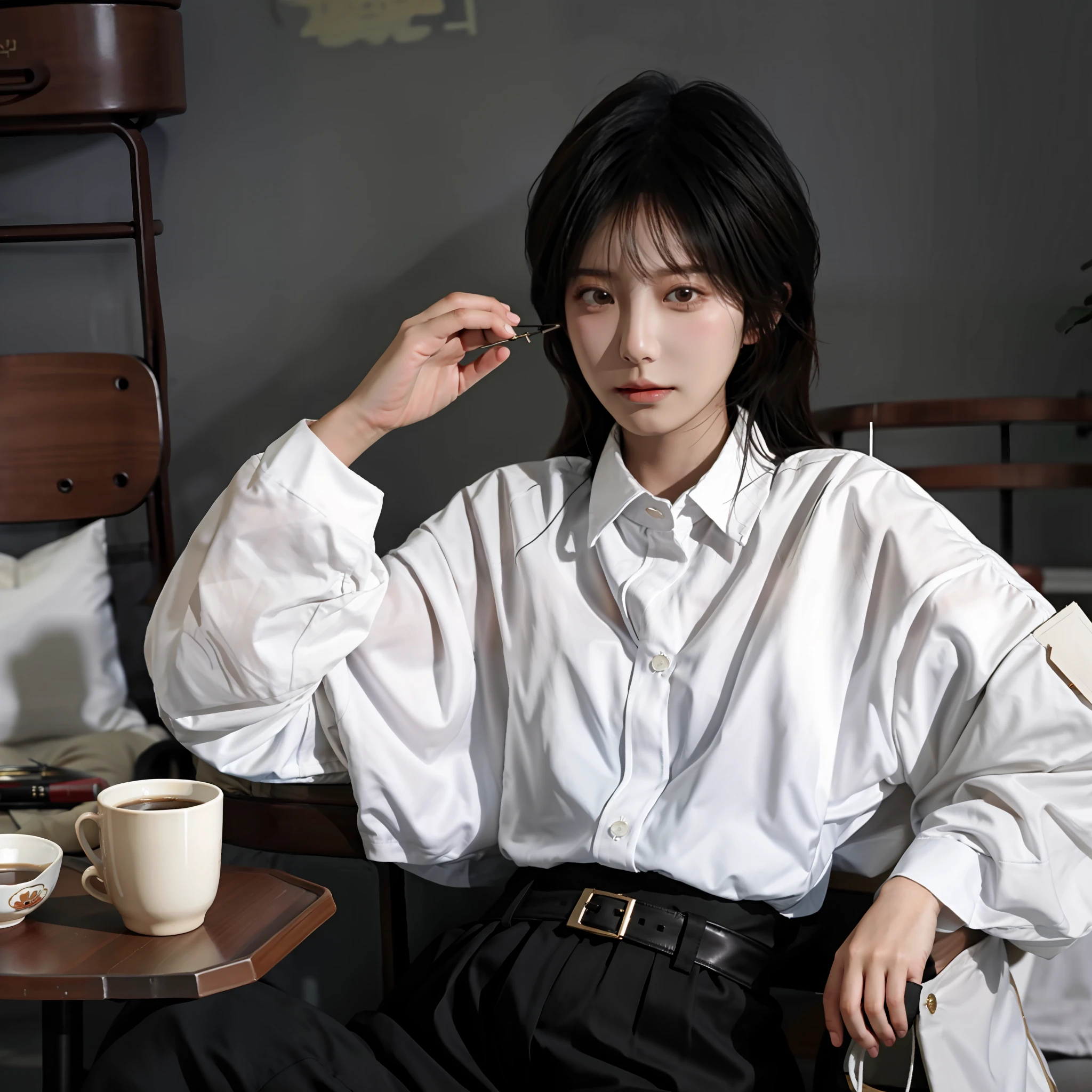 It shows a woman sitting at a table drinking coffee, reading a book. The painting style is inspired by Kim Jong-hee's photographs and has a realistic style. The woman wears a cropped shirt with a jacket, showing a gorgeous image of a young Korean woman. She is a fashion model who represents the fashion style of Korean women. The picture quality is 8K, showing a beautiful young Korean girl wearing white fashion clothes showing casual clothing style.