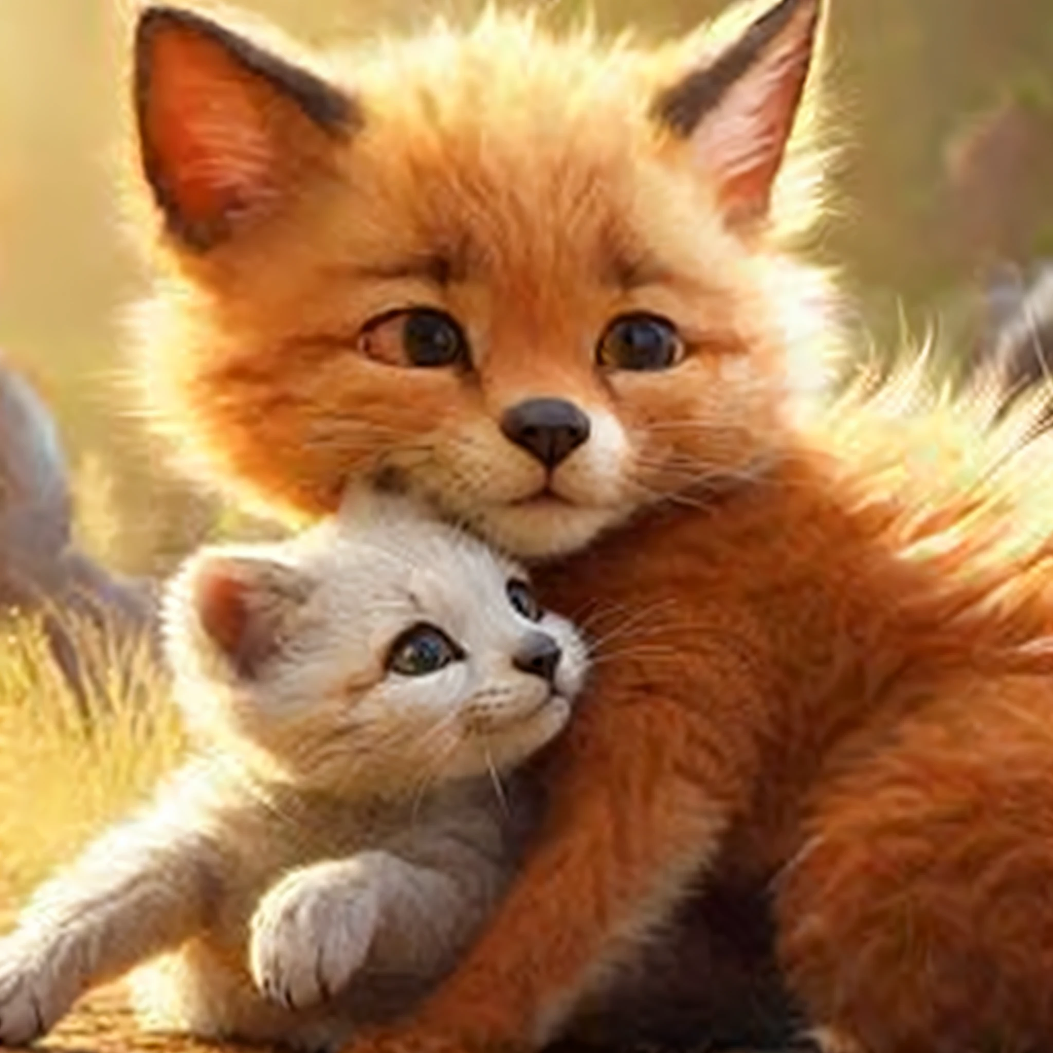 there is a cat and a kitten cuddle together in the grass, furraffinity, cute fox, 8k)), super cute and friendly, cute and cuddly, adorable digital painting, soft and fluffy, fantasy fox love, 🌺 cgsociety, 📷 mungojerrie and rumpleteazer, aww, r/aww, foxes, incredibly cute --auto --s2