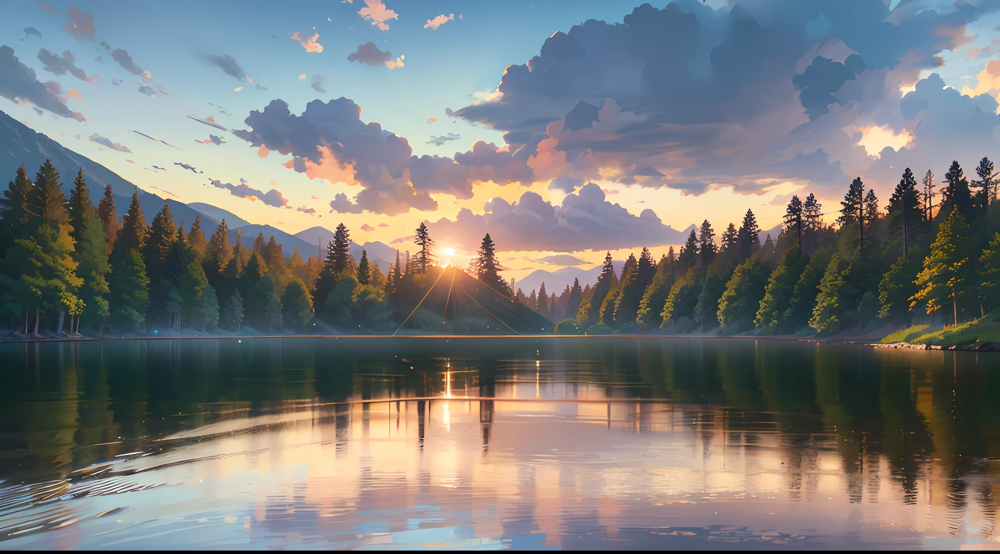 wallpaper, summer, lake, sunrise, forest, detailed forest, clouds, masterpiece, cinematic, soft light, depth of field, ray tracing, reflection in water, realism, ultra-detailed --auto --s2