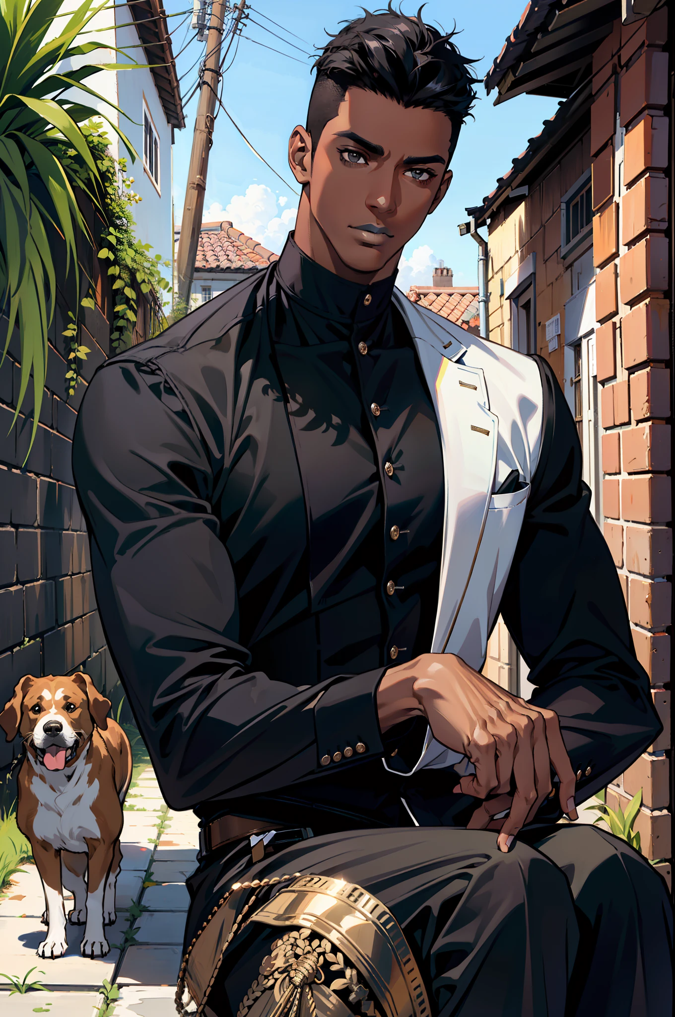(absurd, highres, ultra detailed), 1 black man, handsome, tall and muscular face, very short hair, best ratio four fingers and a thumb, better light and shadow, background is an alley, sunlight with details, sitting, dogs are gathered next for him, sunlight stained, day, depth of field, plants, summer, (Dutch angle), mouth closed, black man