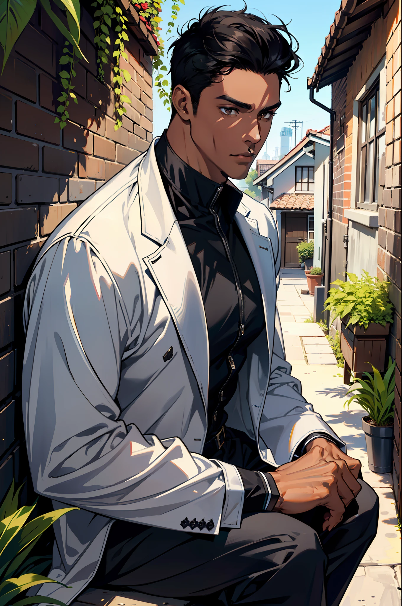 (absurd, highres, ultra detailed), 1 black man, handsome, tall and muscular face, very short hair, best ratio four fingers and a thumb, better light and shadow, background is an alley, sunlight with details, sitting, dogs are gathered next for him, sunlight stained, day, depth of field, plants, summer, (Dutch angle), mouth closed,   black man