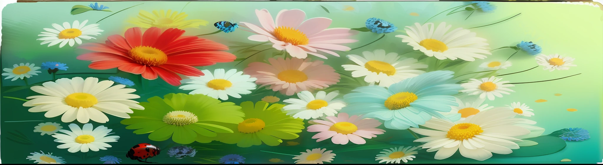 painting of a bouquet of flowers with ladybugs and daisies, floral flowers colorful, colored flowers, magical colorful flowers, colourful flowers, colorful flowers, flowery wallpaper, artistic depiction, daisies, flowery, beautiful flowers, swirling flowers, flowers!!!!, luminous flowers, pastel colourful 3 d, wide screenshot, outstanding detail, jaw dropping, detailed flowers, beautiful image