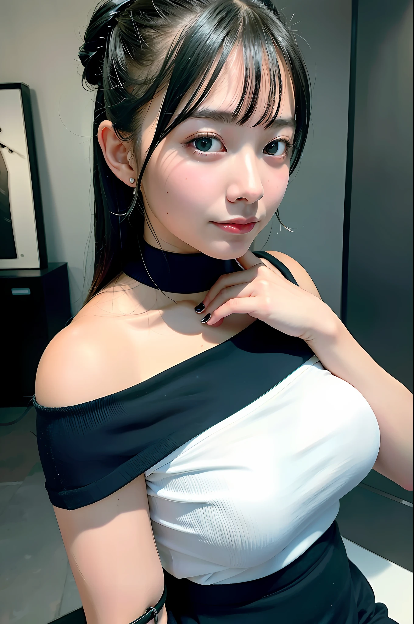 Top Quality, Ultra High Resolution, (Photorealistic: 1.4), 1 Girl, Off-Shoulder White Shirt, Black Tight Skirt, Black Choker, (Faded Ash-Gray Hair: 1), (Huge: 1.2), View Viewer, Close-up, Cleavage with Hands Leaning Her Breasts