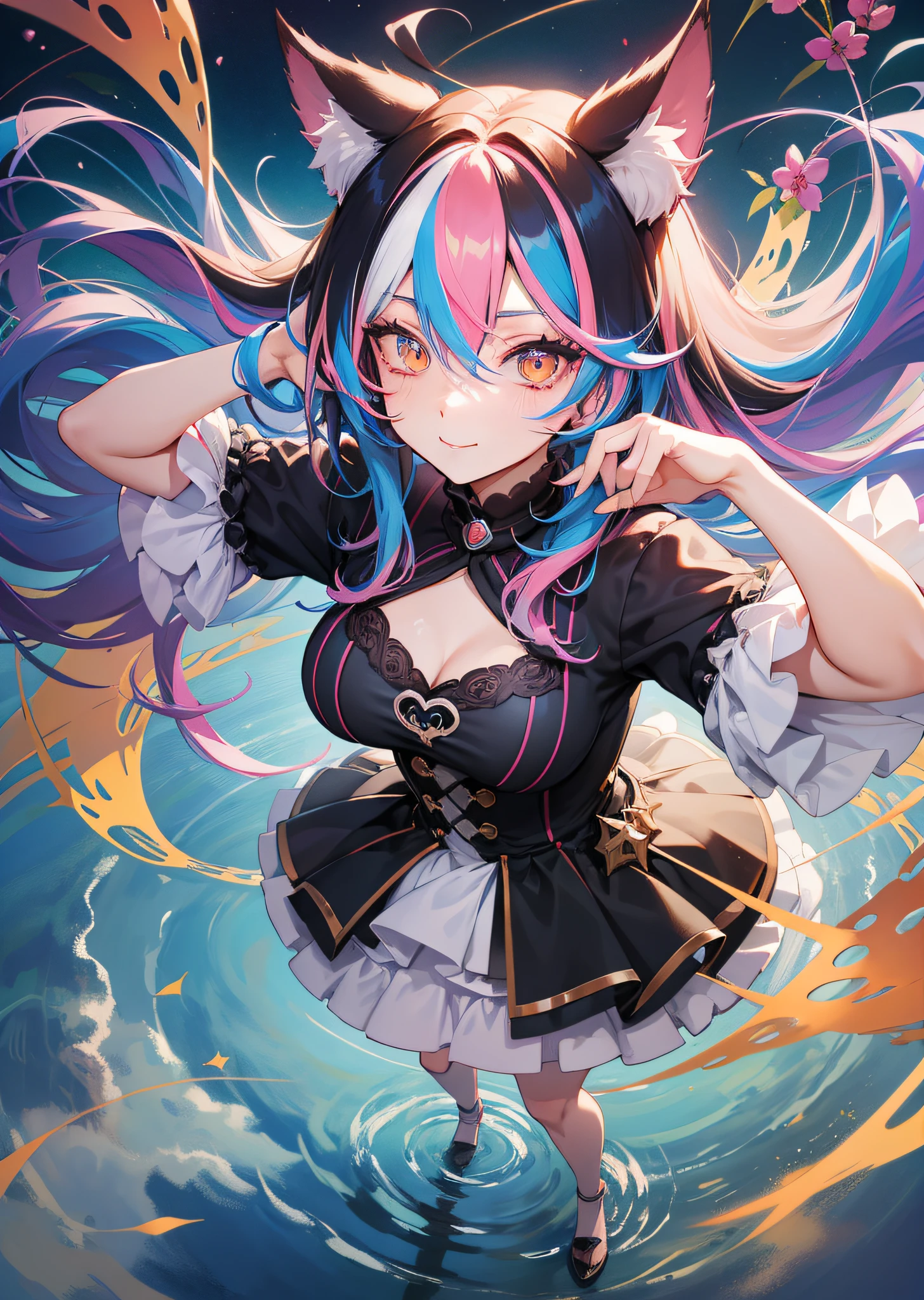 Full body image, hair shaking, cringe, long eyelashes, solid round eyes, fake animal ears, light smile, ear blush, multicolored hair, gradient hair, striped hair, gradient eyes, pupil sparkle, amber eyes, surrealism, shadow, relief, diorama map, tachi-e, pov, atmospheric perspective, partially underwater shot, from above, satellite image, anime, bauhaus, 8k, super detail, ccurate, best quality, super detail, 4K