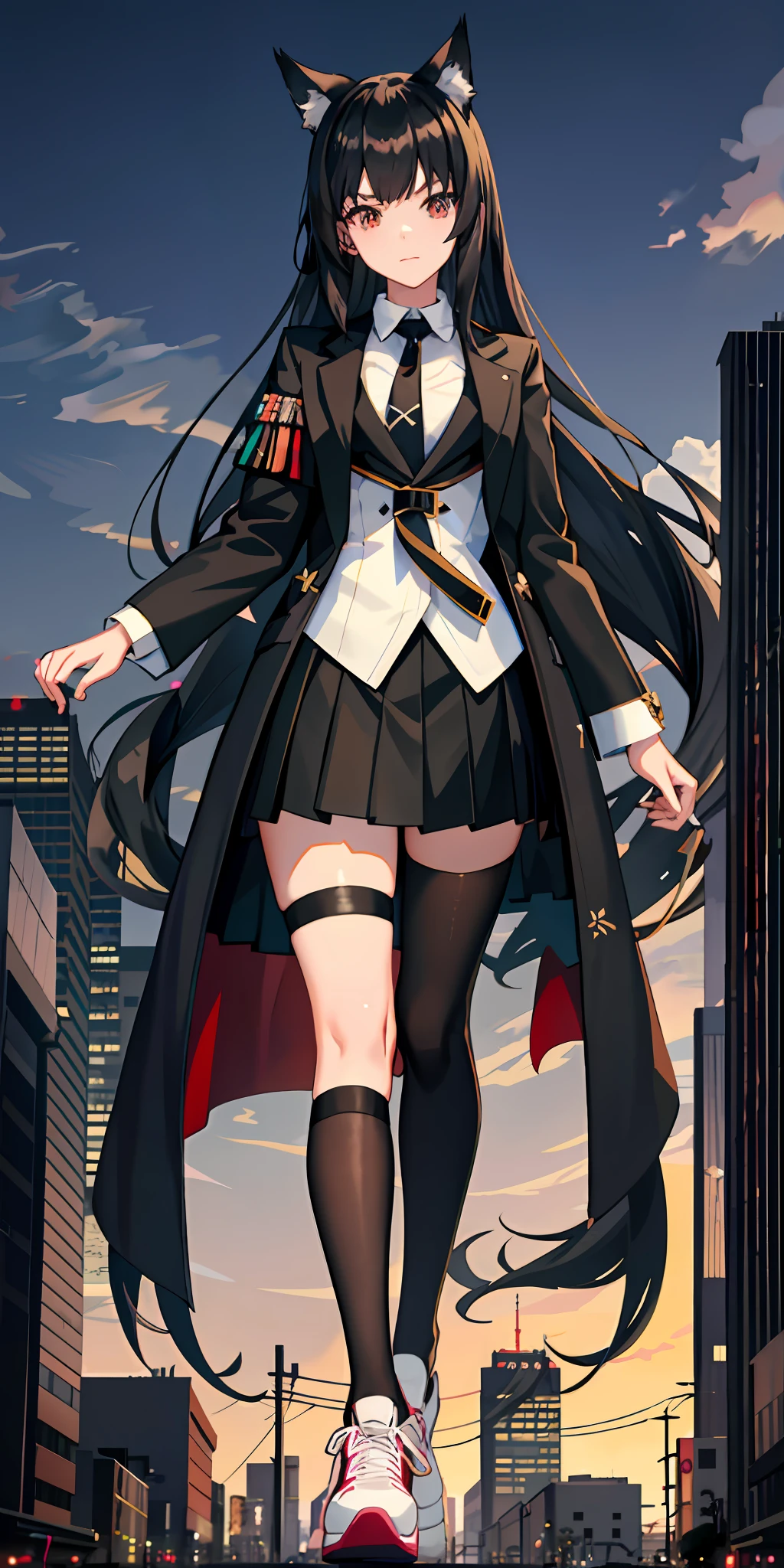 Anime girl with long black hair and black coat, tie, wolf girl, shoujo, from arknights, cool anime shoujo, 2D anime style, anime girl with anime horn ears, black stockings, white sneakers, white shirts, mafia ,city,giantess