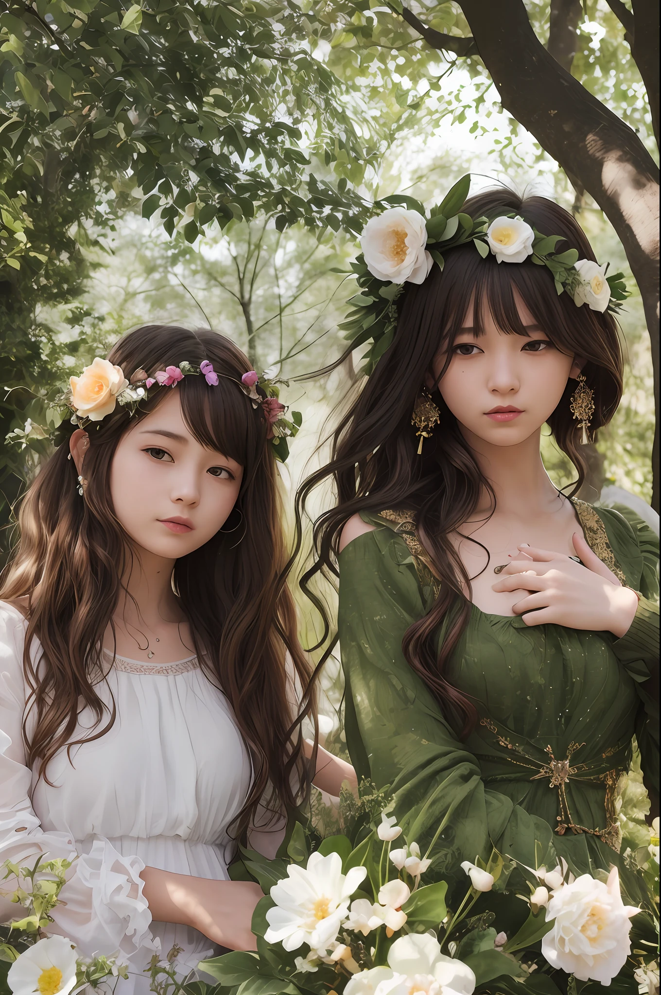 a pair of two girls are posing for a picture that is taken with the help of a tree, multiple girls, 2girls, flower, jewelry, hair ornament, hair flower, long hair, hug, dress, closed eyes, brown eyes, earrings, brown hair, head wreath, white dress