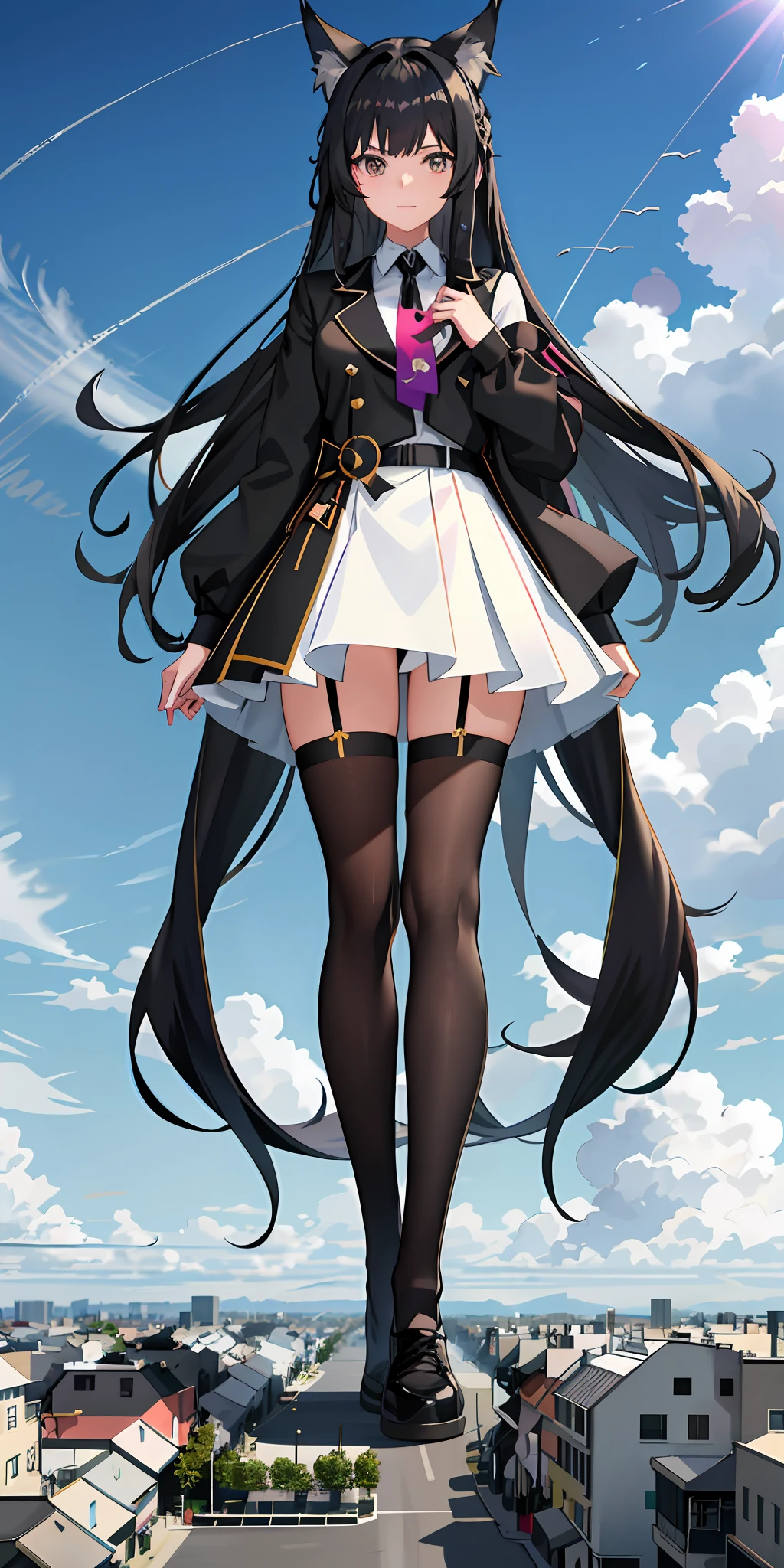 Anime girl with long black hair and black coat, tie, wolf girl, shoujo, from arknights, cool anime shoujo, 2D anime style, anime girl with anime horn ears, black stockings, white sneakers, white shirts, mafia ,city,giantess
