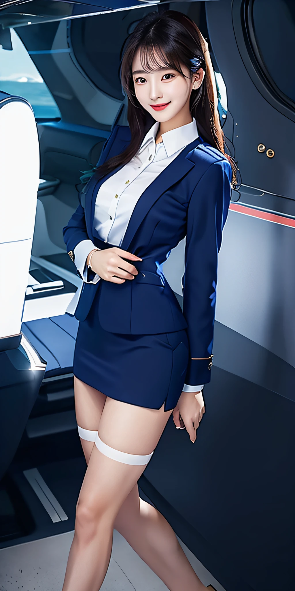Top quality, masterpiece, smiling, white blouse, navy blue short skirt and suit