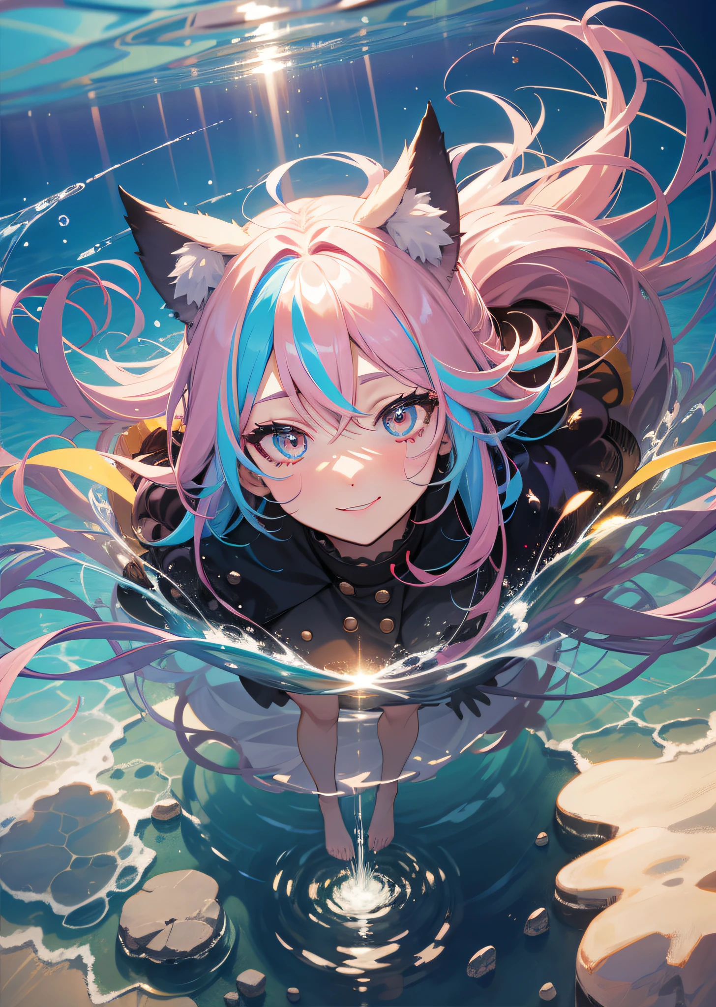 Full body image, hair shaking, cringe, long eyelashes, solid round eyes, fake animal ears, light smile, ear blush, multicolored hair, gradient hair, striped hair, gradient eyes, pupil sparkle, amber eyes, surrealism, shadow, relief, diorama map, tachi-e, pov, atmospheric perspective, partially underwater shot, from above, satellite image, anime, bauhaus, 8k, super detail, ccurate, best quality, super detail, 4K