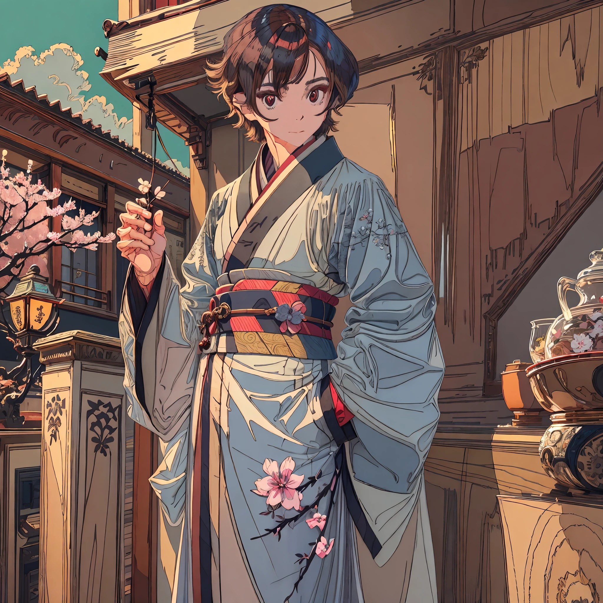 A boy with brown hair and gray eyes wearing a kimono with soft shades of light gray, with a touch of grayish blue. It has a discreet print of small cherry blossoms in silver In addition, it features silver embroidery on the sleeves or collar, adding a delicate and refined touch. in anime art style --auto --s2