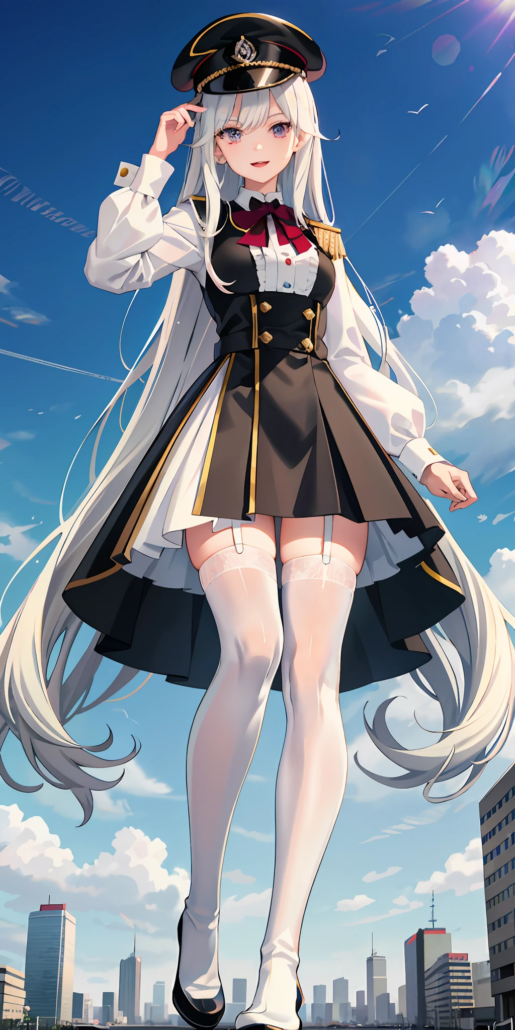 Anime characters wearing uniforms and caps, demon anime girls, vampire girls, anime moe art style, detailed anime character art, white long hair, white shirt, white stockings,boots, black short skirt ,city , caps ,blood,giantess