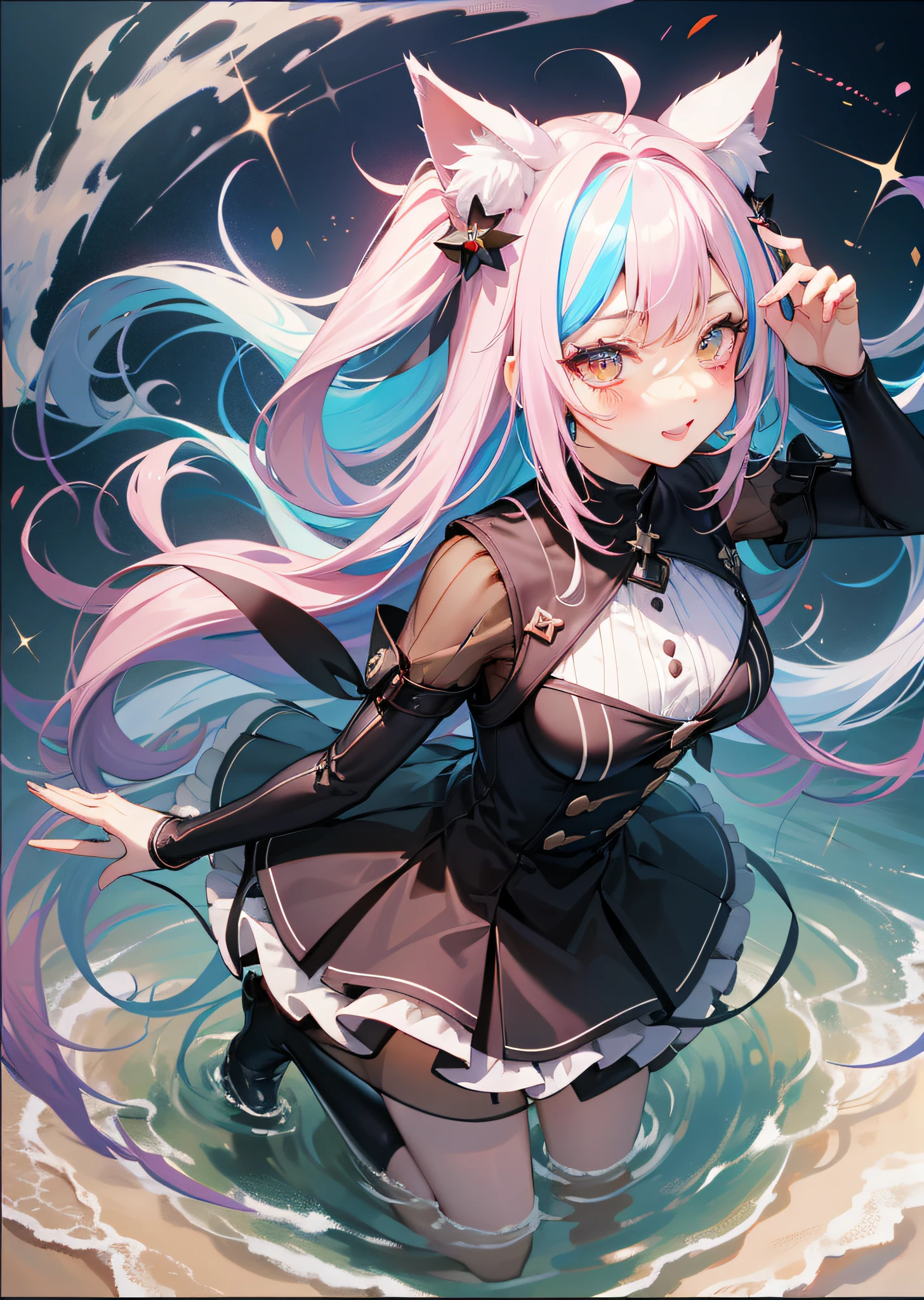 Full body image, hair shaking, cringe, long eyelashes, solid round eyes, fake animal ears, light smile, ear blush, multicolored hair, gradient hair, striped hair, gradient eyes, pupil sparkle, amber eyes, surrealism, shadow, relief, diorama map, tachi-e, pov, atmospheric perspective, partially underwater shot, from above, satellite image, anime, bauhaus, 8k, super detail, ccurate, best quality, super detail, 4K