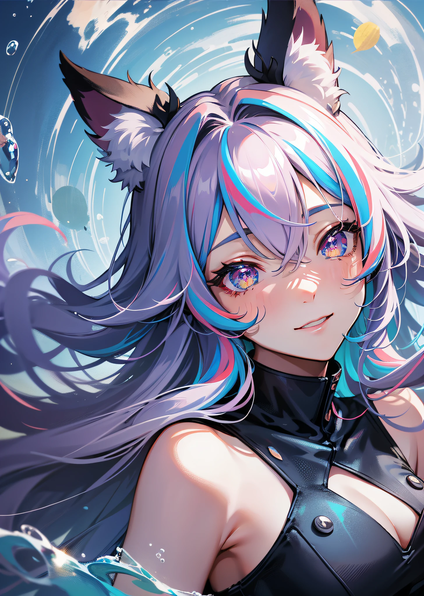 hair bobbles, wince, longeyelashes, solid circle eyes, fake animal ears, light smile, ear blush, multicolored hair, gradient hair, streaked hair, gradient eyes, pupils sparkling, amber eyes, Surrealism, drop shadow, anaglyph, stereogram, tachi-e, pov, atmospheric perspective, partially underwater shot, from above, satellite image, anime, Bauhaus, 8k, super detail, ccurate, best quality, super detail, 4K