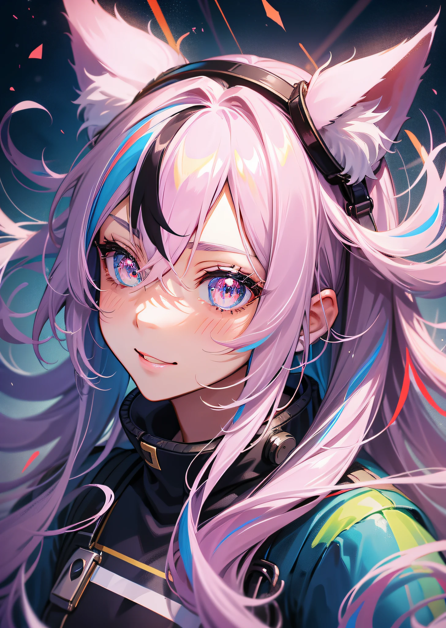 hair bobbles, wince, longeyelashes, solid circle eyes, fake animal ears, light smile, ear blush, multicolored hair, gradient hair, streaked hair, gradient eyes, pupils sparkling, amber eyes, Surrealism, drop shadow, anaglyph, stereogram, tachi-e, pov, atmospheric perspective, partially underwater shot, from above, satellite image, anime, Bauhaus, 8k, super detail, ccurate, best quality, super detail, 4K
