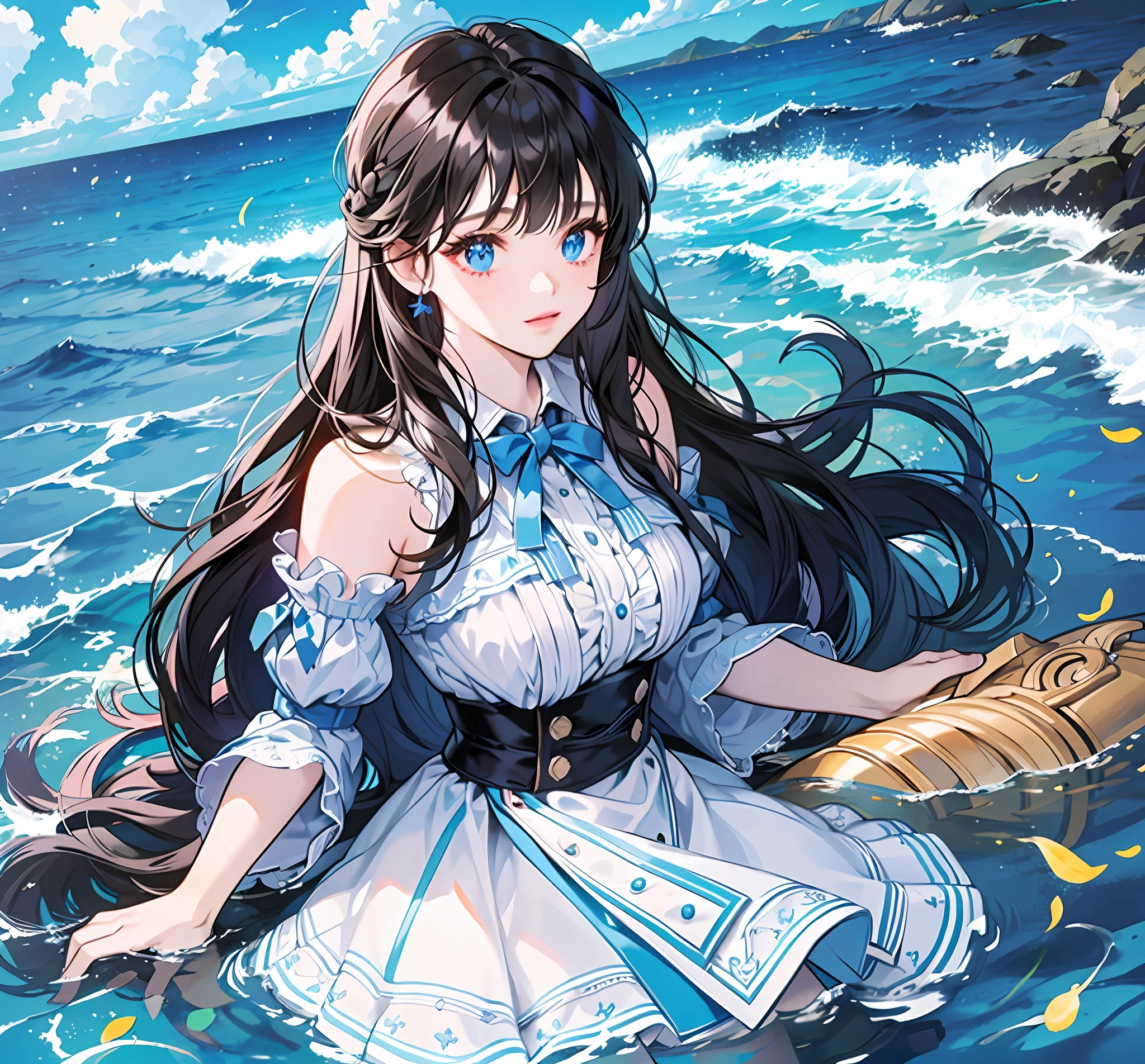 (High resolution, super detailed), 1girl, black hair, long hair, blunt bangs, blue eyes, short white skirt, fine eyes and detailed face, CG unity, 8k wallpaper, BREAK, looking at the lens, blue sea, azure water, sea and sky color, (aesthetic), dusk, visual feast, dream, light and shadow. ((eye focus))