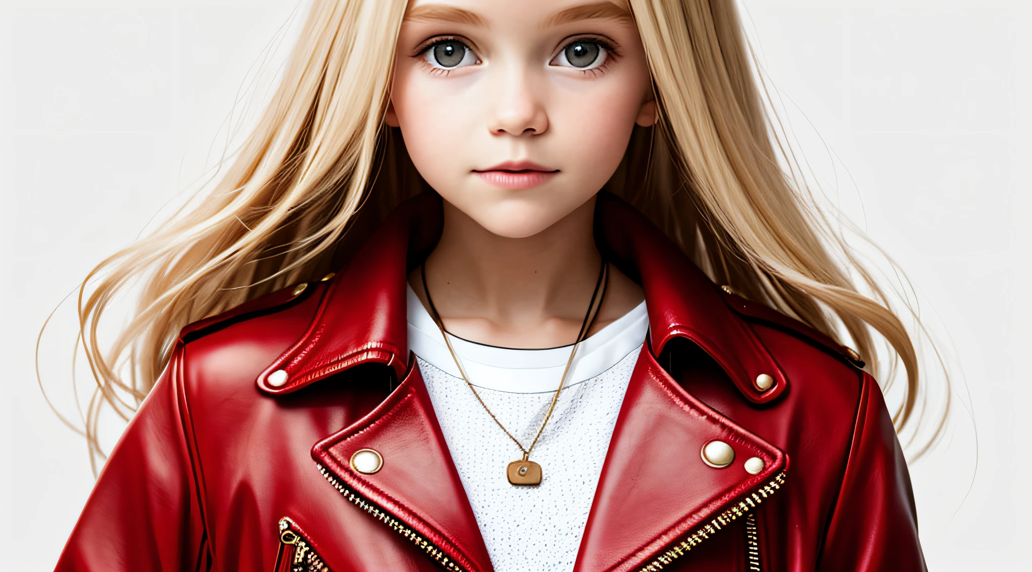 BLONDE CHILD GIRL WITH LONG HAIR AND RED LEATHER JACKET, (white background: 1.3).