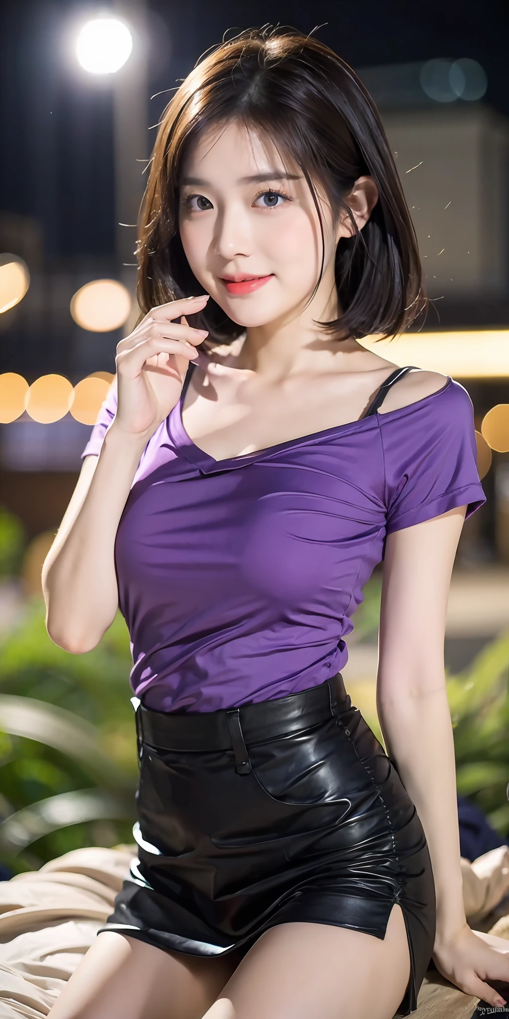 8k resolution, super high resolution, best picture quality, master works, HD phase, beautiful girl, moist lips, peerless beauty, messy black straight hair, shoulder-length short hair, fluffy hair, rich and beautiful makeup, delicate and perfect facial features, sapphire eyes, rosy face, melon seed face, sweet smile, super slim body, night beach, beach, (wearing purple tight T-shirt), black short skirt, macro shooting, mobile phone camera, night mode,