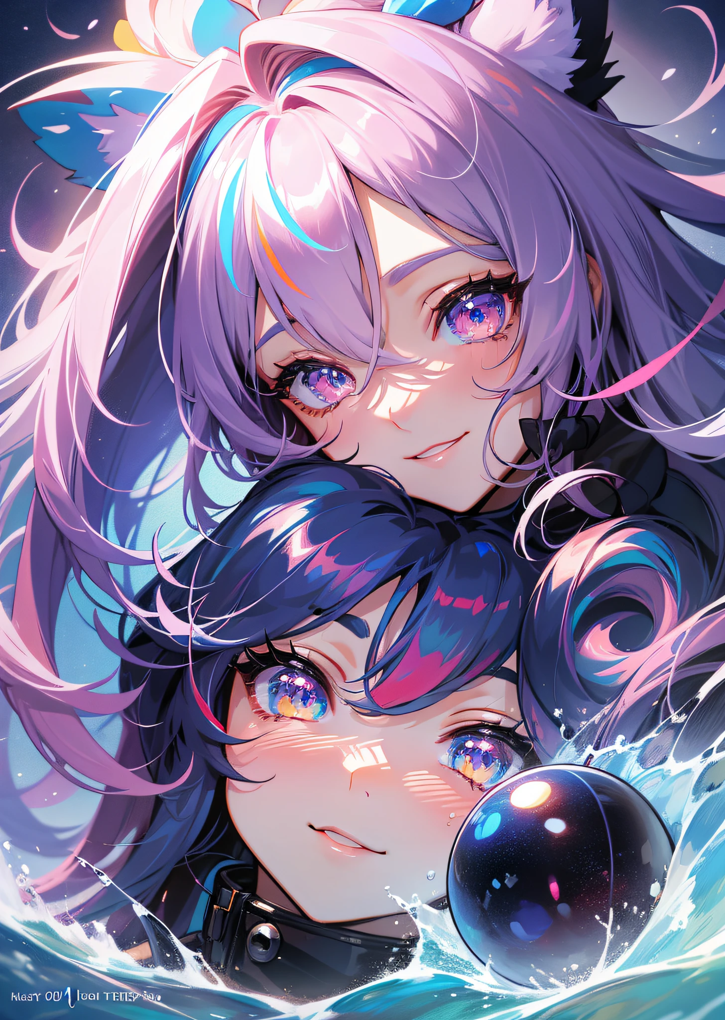 hair bobbles, wince, longeyelashes, solid circle eyes, fake animal ears, light smile, ear blush, multicolored hair, gradient hair, streaked hair, gradient eyes, pupils sparkling, amber eyes, Surrealism, drop shadow, anaglyph, stereogram, tachi-e, pov, atmospheric perspective, partially underwater shot, from above, satellite image, anime, Bauhaus, 8k, super detail, ccurate, best quality, super detail, 4K
