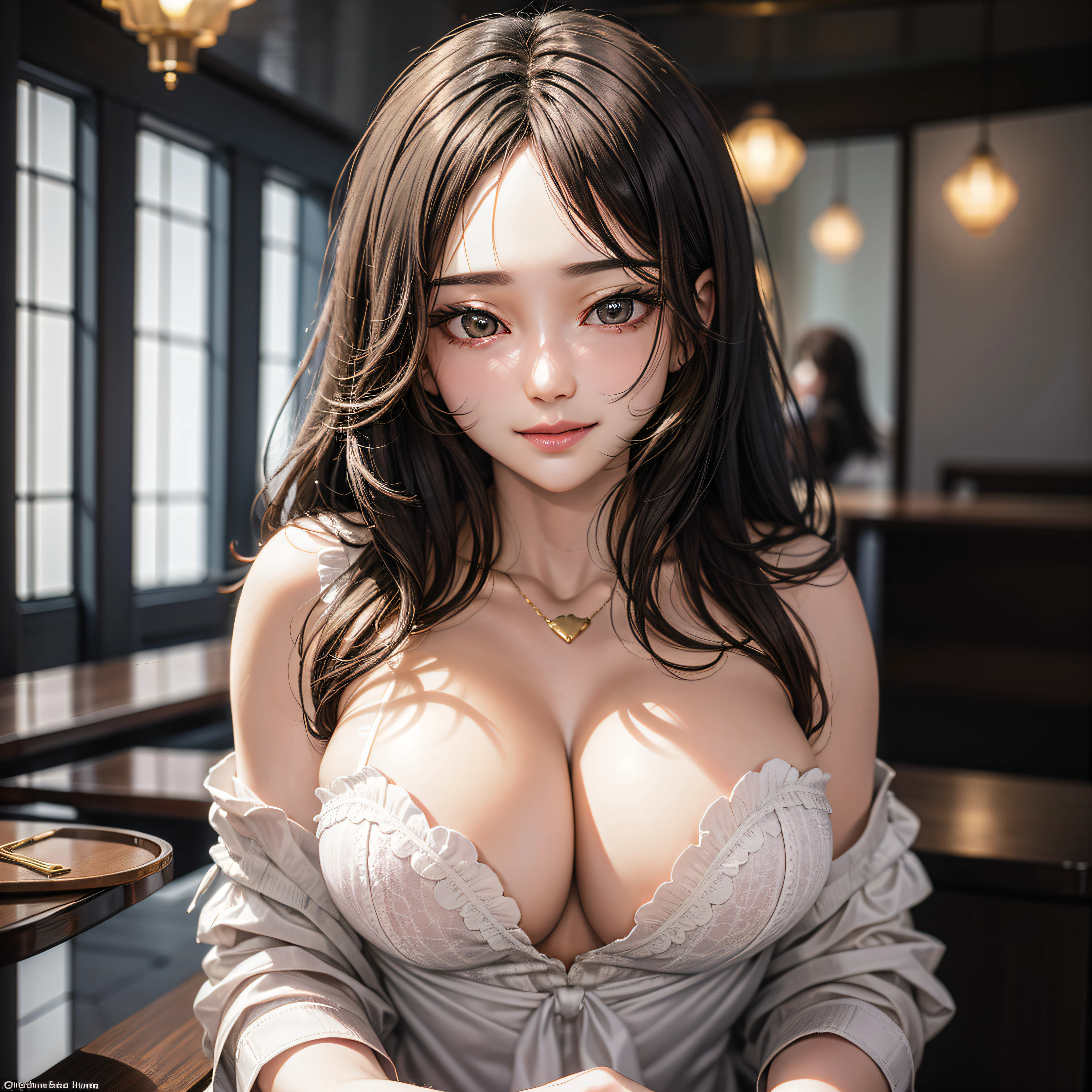 (Masterpiece, best quality: 1.4), super detailed, fine, intricate details, smooth lighting, woman working in a café, perfect face, detailed face, pink lips, glossy lips, makeup, expressive eyes, green eyes, (brunette hair, hair tie), (natural breasts, cleavage, lower breasts, side chest), (nude, brown apron: 1.4), (badges, badges, name tags), smile, shyness,