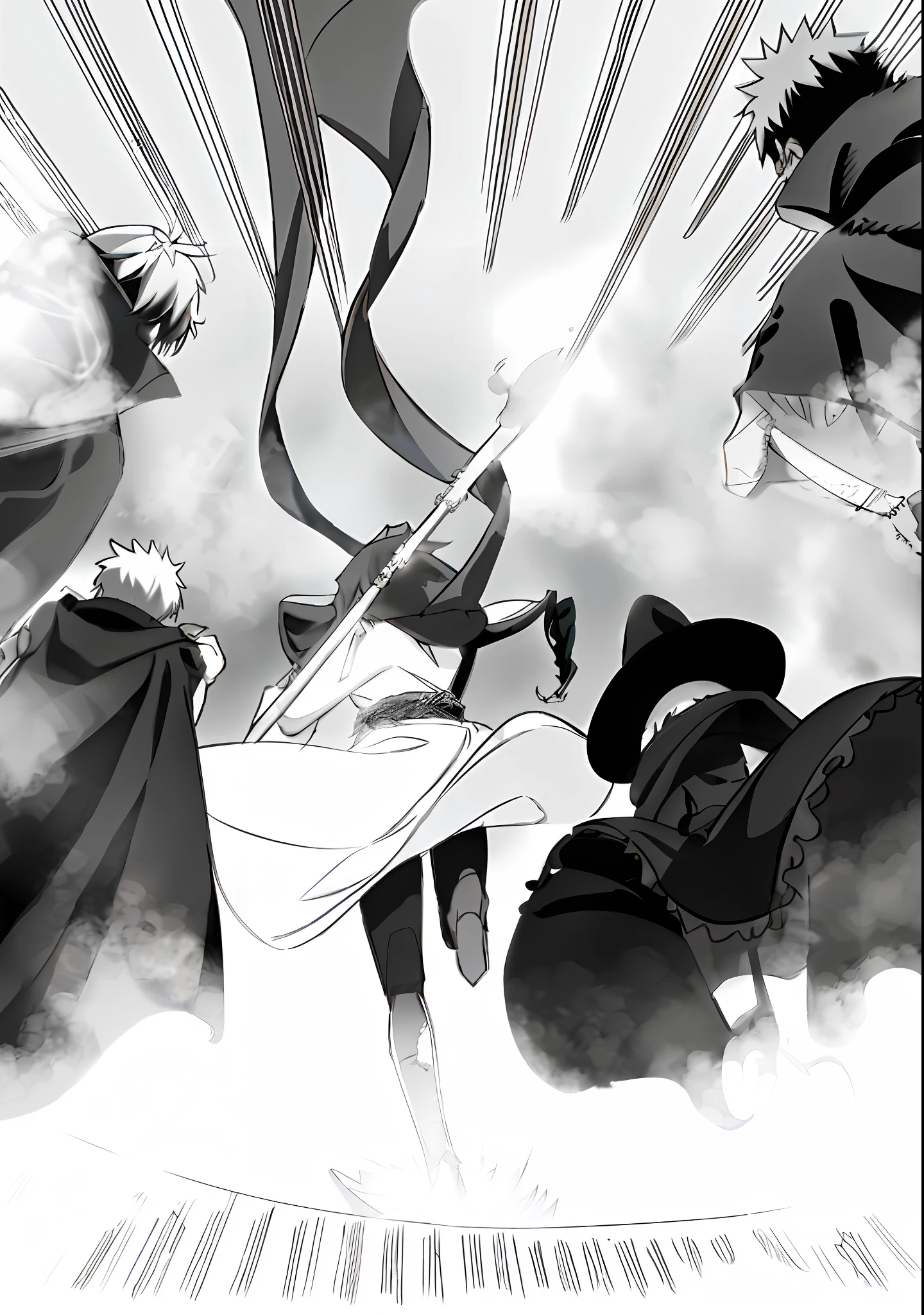anime characters in a scene with smoke coming out of their mouths, black and white manga page, black and white manga panel, black and white manga style, badass composition, by Shingei, heavy vignette!, dramatic duel of the fates, background: battle scene, black and white manga, black and white manga comic, afro samurai manga style, background aerial battle