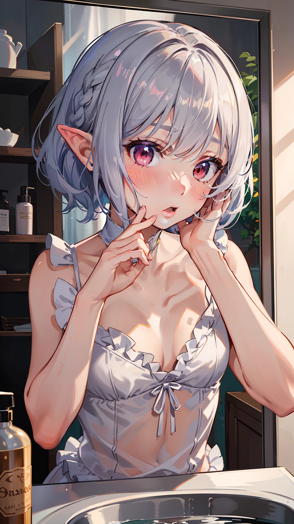 ((Put your hands on your face)), (surprised)), (blush), 1 girl closeup, elf, silver hair, red eyes, braided hair, bob cut, ruffles, undergarment, lingerie, skinny girl, sink, washroom, mirror, hunchback, concept art, beautiful anime scene, beautiful anime scene, best quality, masterpiece, 4k