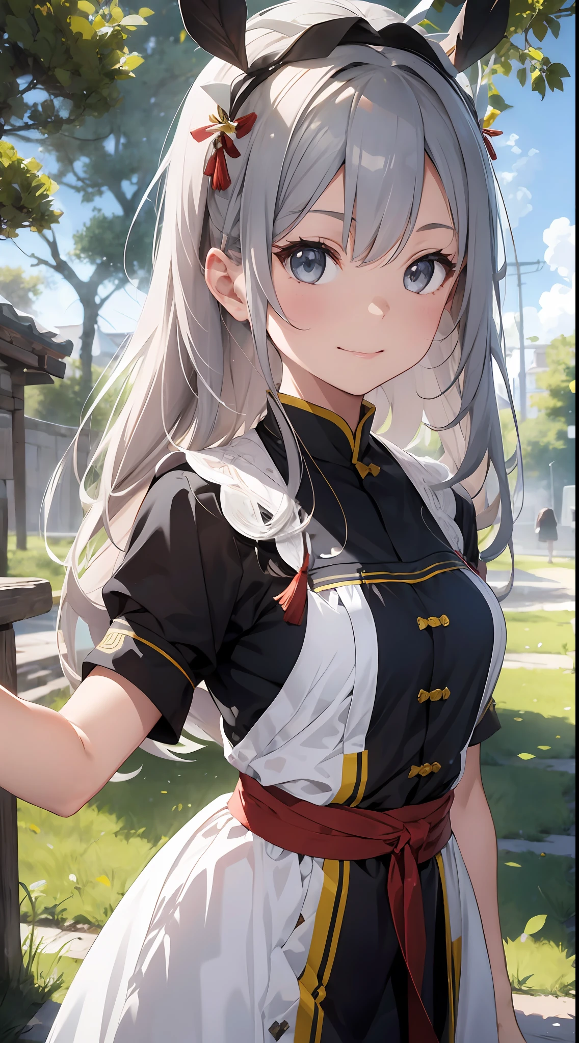 [ : (high-detail face:1.2) : 0.1], (PureErosFace v 1:0.8), ((body portrait)), pores, real skin, hair band, flying hair, (grey hair 0.4), ancient headdress, hairpin, smile, affectionate eyes, sparkling eyes, beautiful scene, shadow, Backlight, natural light, film particles, zskuijia, Chinese armor, sword, Chinese architecture, Grassland, Trees,