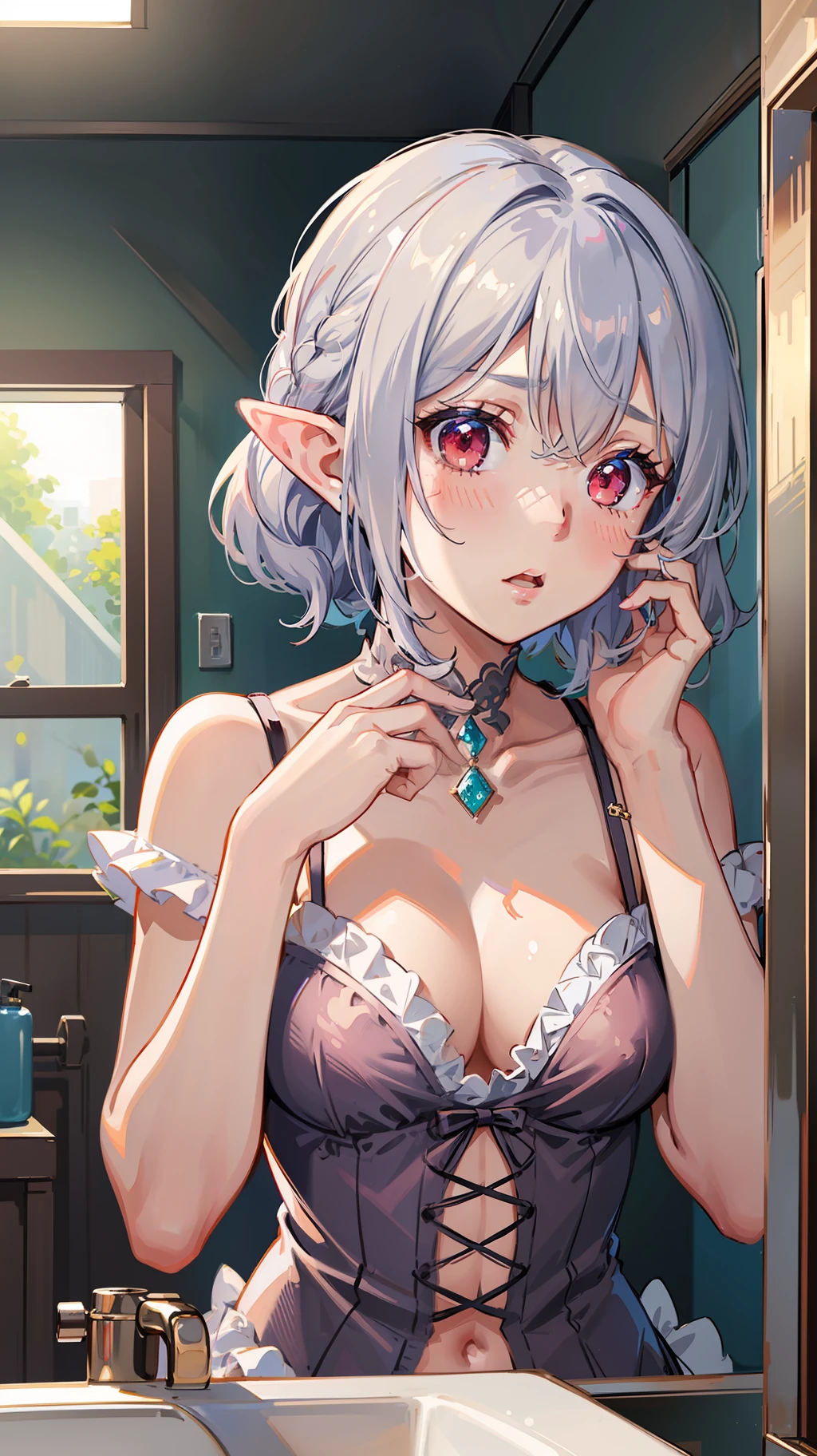 ((Put your hands on your face)), (surprised)), (blush), 1 girl closeup, elf, silver hair, red eyes, braided hair, bob cut, ruffles, undergarment, lingerie, skinny girl, sink, washroom, mirror, hunchback, concept art, beautiful anime scene, beautiful anime scene, best quality, masterpiece, 4k