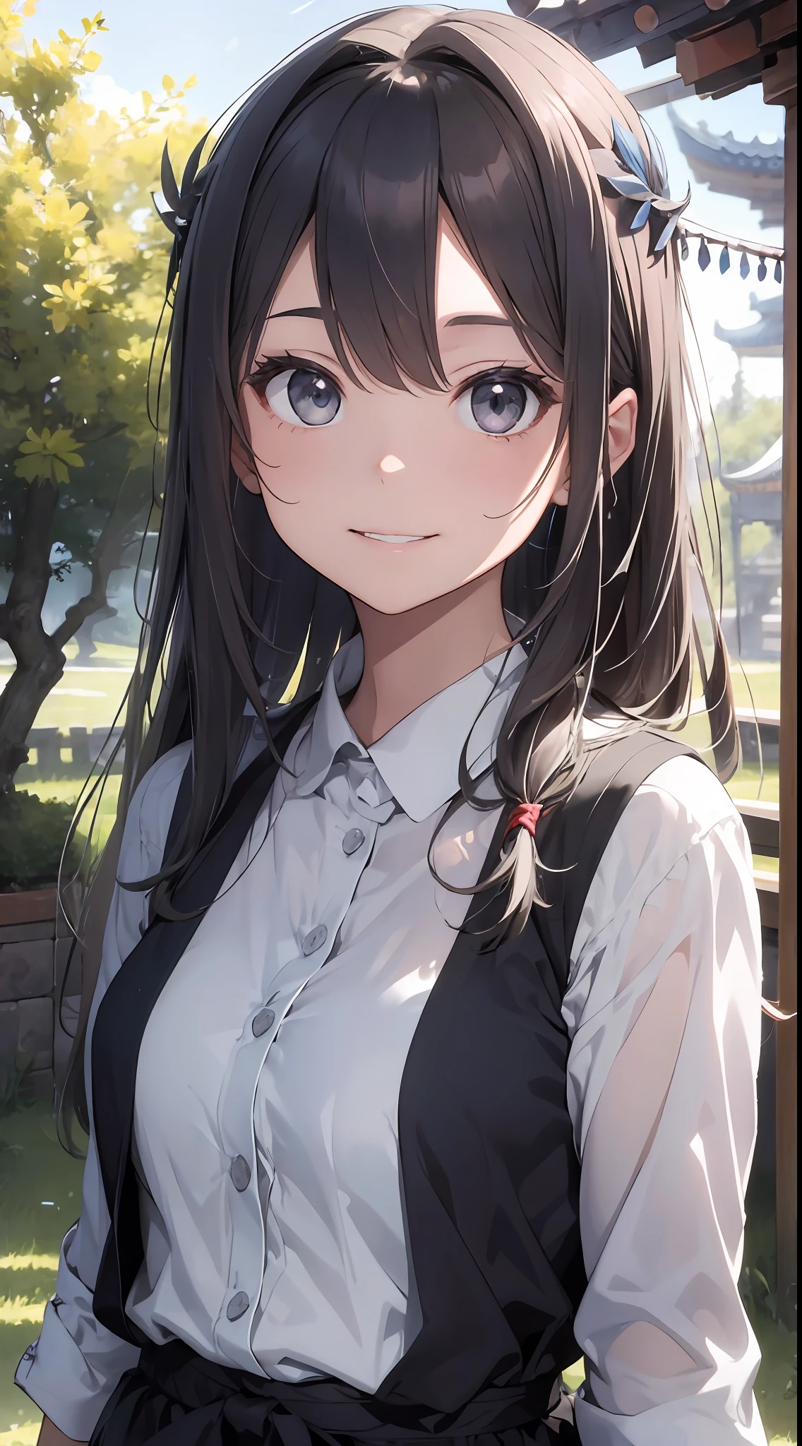 [ : (high-detail face:1.2) : 0.1], (PureErosFace v 1:0.8), ((body portrait)), pores, real skin, hair band, flying hair, (grey hair 0.4), ancient headdress, hairpin, smile, affectionate eyes, sparkling eyes, beautiful scene, shadow, Backlight, natural light, film particles, zskuijia, Chinese armor, sword, Chinese architecture, Grassland, Trees,