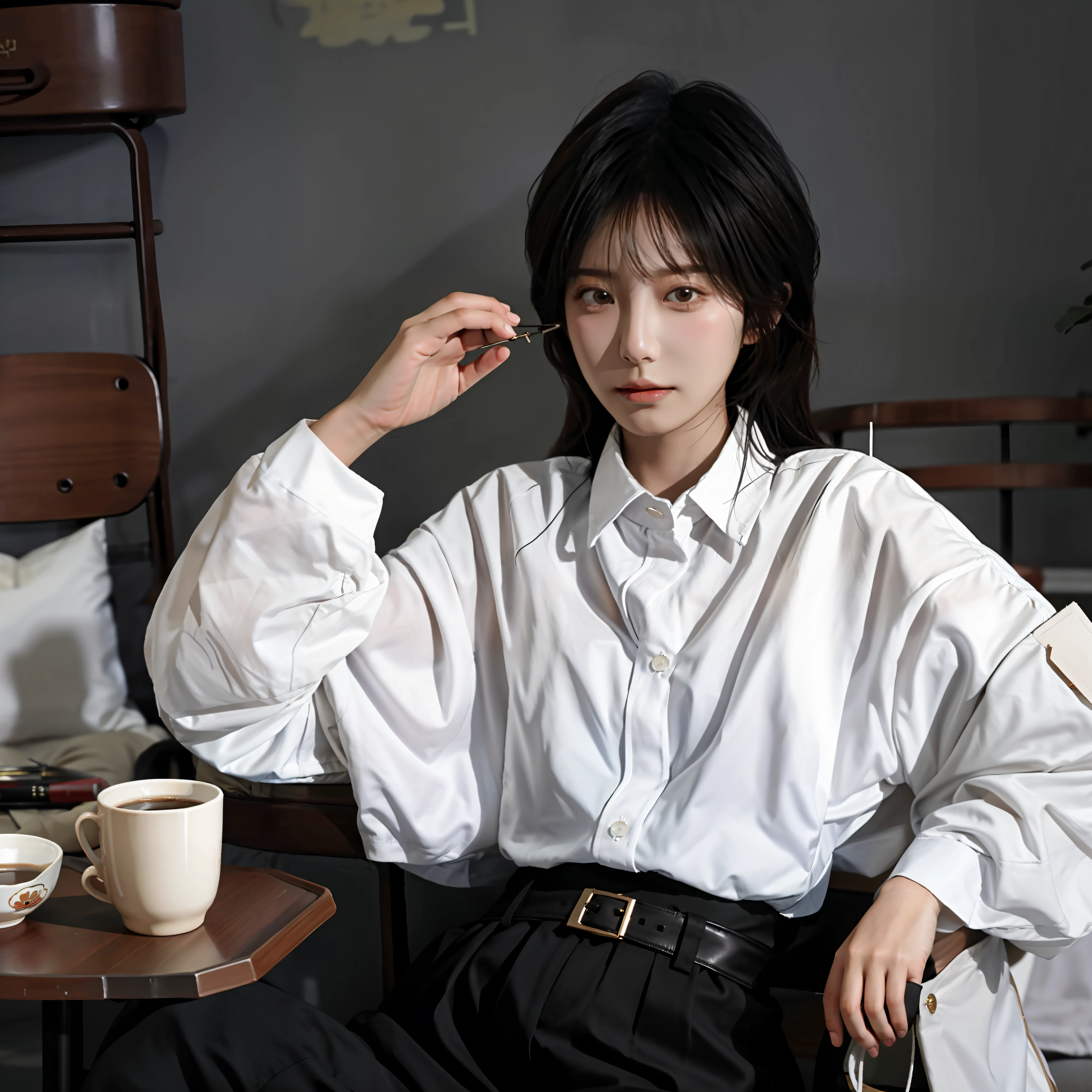 It shows a woman sitting at a table drinking coffee, reading a book. The painting style is inspired by Kim Jong-hee's photographs and has a realistic style. The woman wears a cropped shirt with a jacket, showing a gorgeous image of a young Korean woman. She is a fashion model who represents the fashion style of Korean women. The picture quality is 8K, showing a beautiful young Korean girl wearing white fashion clothes showing casual clothing style.