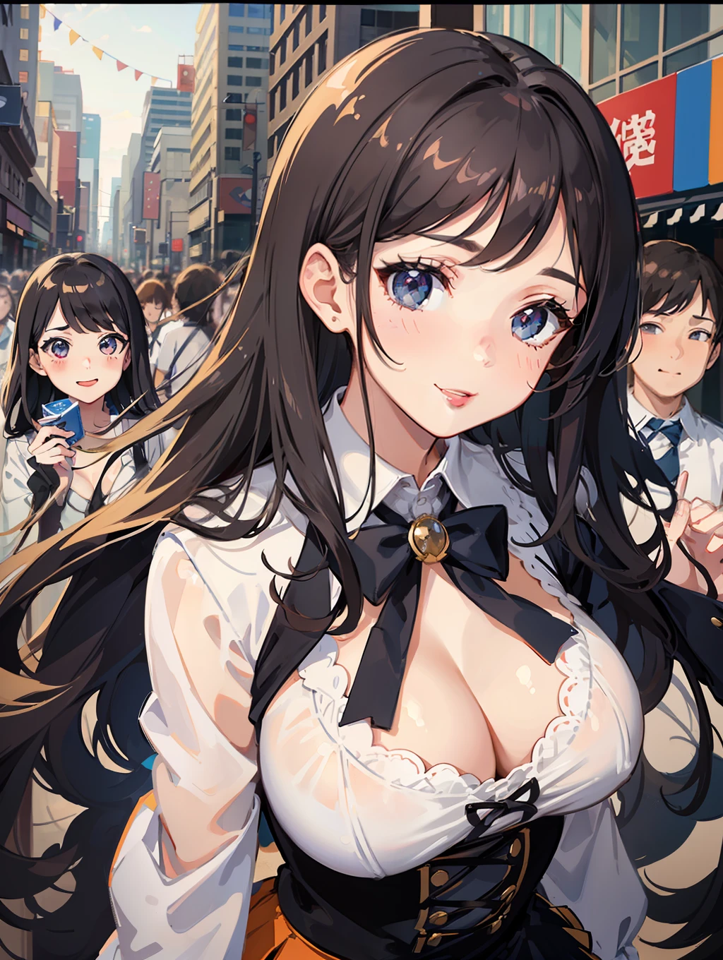 one woman,mini skirt,blouse,cleavage between breasts,boobs,large breasts,cute face,drooping eyes,big eyes,smiling,flushed cheeks,medium hair,semi-long hair,long hair,wave hair,from above,outdoor,daytime,Crowd of People,anime style,masterpiece, extremely fine and beautiful,illustration