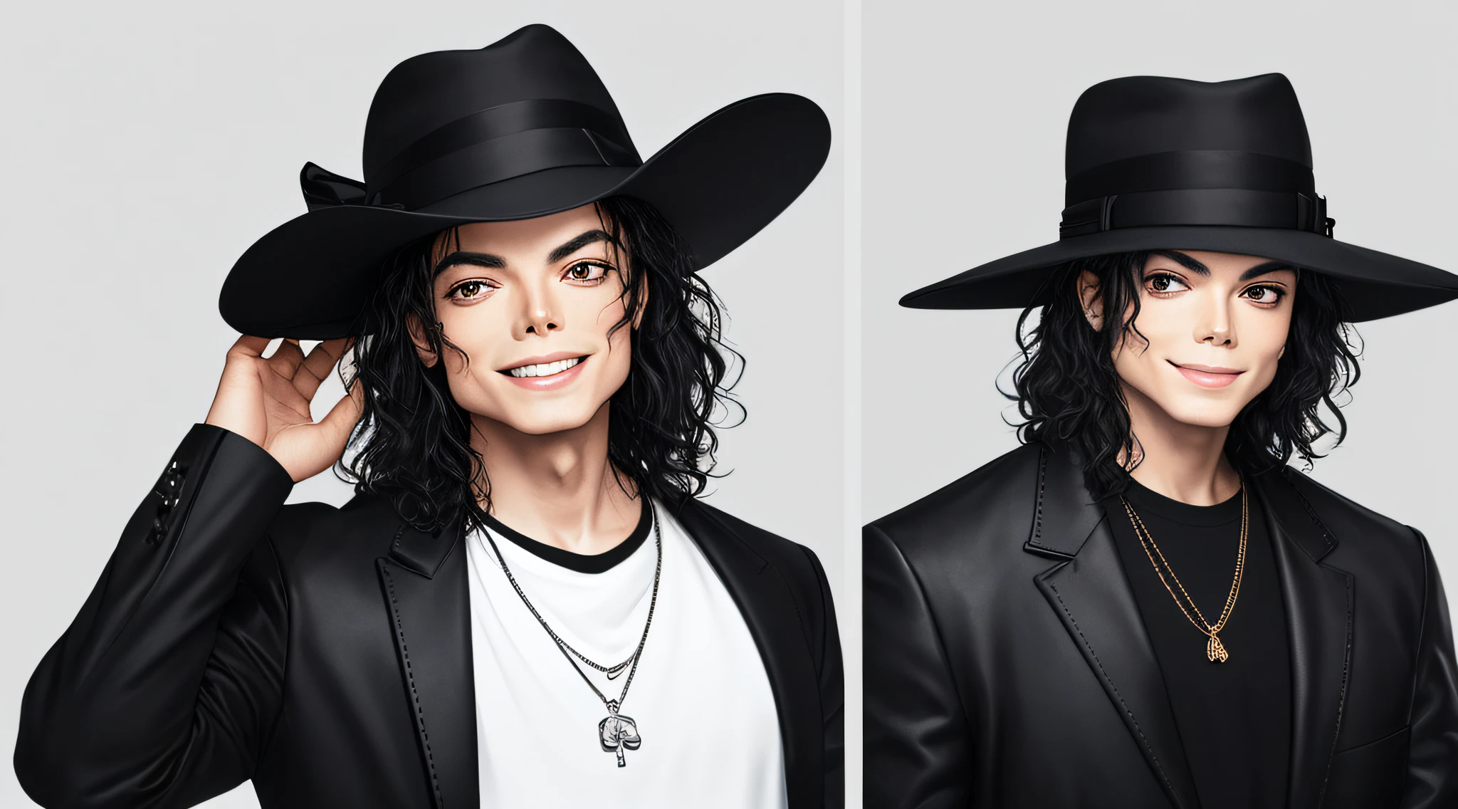 Michael Jackson, smiling, teeth, wearing hat, background gradient, original simulation style, charming look, charming expression. The background should be a simple gradient, pay close attention to details like highlights and shadows on your face and hair to create a realistic and realistic image. Try different lighting techniques to improve the mood and atmosphere of your portrait. Highly detailed skin, Skin detail, Sharp focus, Volumetric fog, 8K UHD, SLR, High quality, Film grain, Fujifilm XT3, (Best quality: 1.4), (Masterpiece: 1.4), (Detail: 1.3), (Best quality: 1.4), (Masterpiece: 1.4), (Detail: 1.3), (Realism: 1.4), (Best quality: 1.0), (Super high resolution: 1.0) (white background: 1.3).