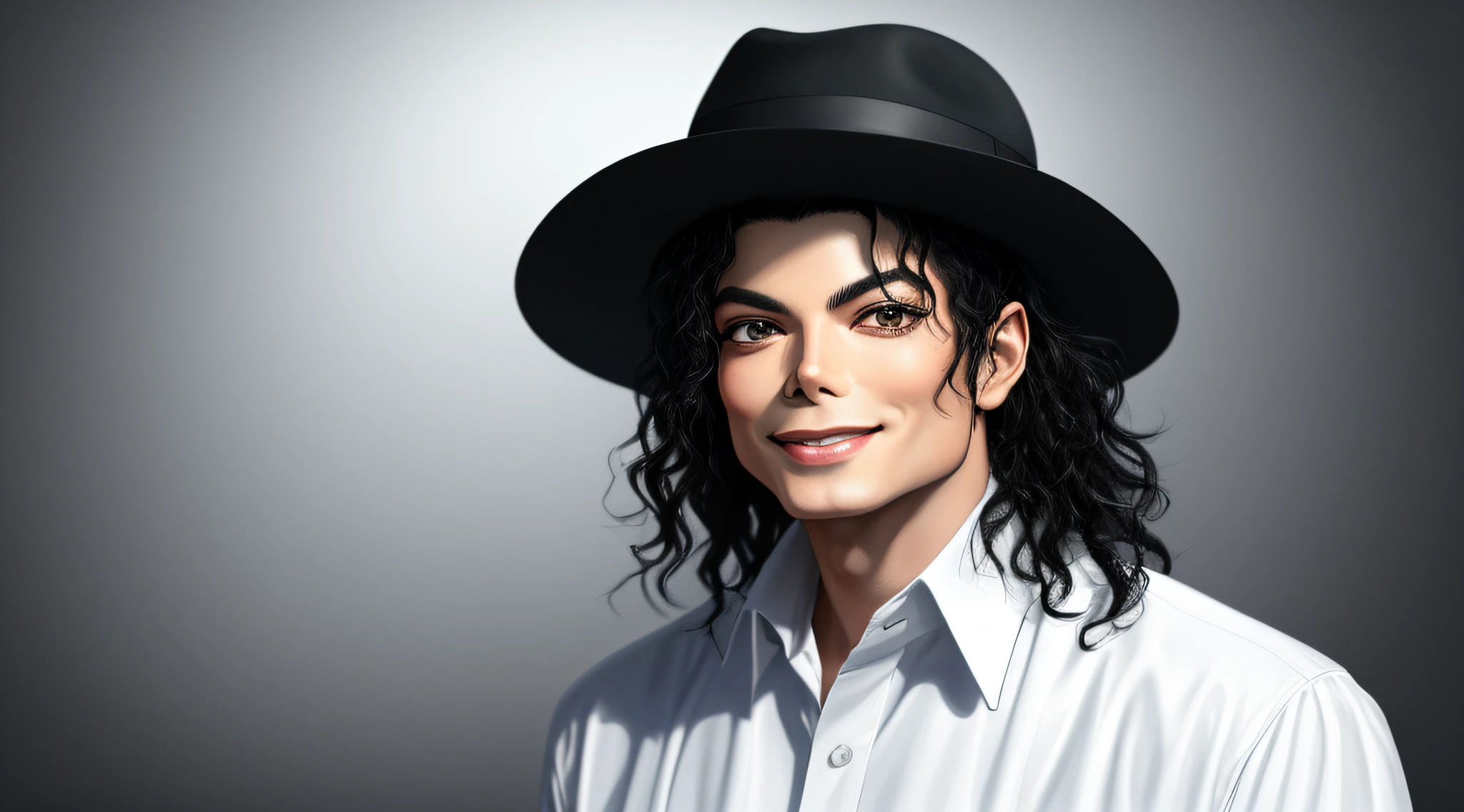 Michael Jackson, smiling, teeth, wearing hat, background gradient, original simulation style, charming look, charming expression. The background should be a simple gradient, pay close attention to details like highlights and shadows on your face and hair to create a realistic and realistic image. Try different lighting techniques to improve the mood and atmosphere of your portrait. Highly detailed skin, Skin detail, Sharp focus, Volumetric fog, 8K UHD, SLR, High quality, Film grain, Fujifilm XT3, (Best quality: 1.4), (Masterpiece: 1.4), (Detail: 1.3), (Best quality: 1.4), (Masterpiece: 1.4), (Detail: 1.3), (Realism: 1.4), (Best quality: 1.0), (Super high resolution: 1.0) (white background: 1.3).