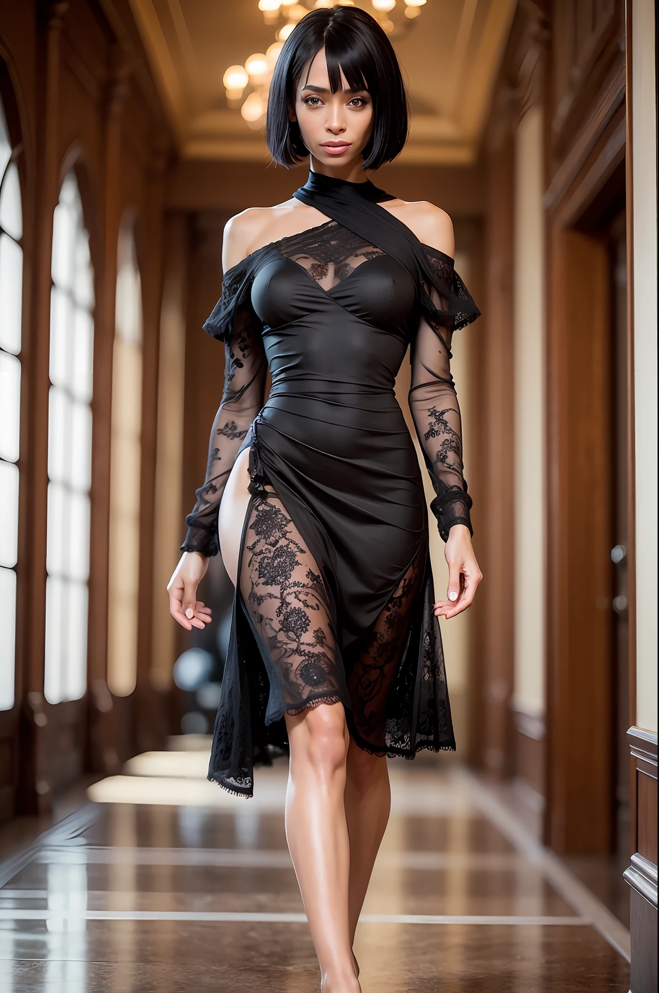 (((Tamara Taylor))), (a very tall slender woman with long legs standing at the reception in the hotel lobby), ((tall slender figure)), ((hairstyle bob)), ((barefoot)), ((short straight black hair)), (narrow pelvis), (small round breasts), big brown eyes, ((small head)), ((evening mood)), she smiles, (((She wears an elegant black cotton dress))), (cotton dress), (photorealistic:1.2), (best quality), (intricate details), 8K, (High Poly), (Raytracing), (Cinema Lighting), (Sharp Focus), (Detailed Face:1.3), Natural and Realistic Skin Textures, Soft Face, Wet Dress