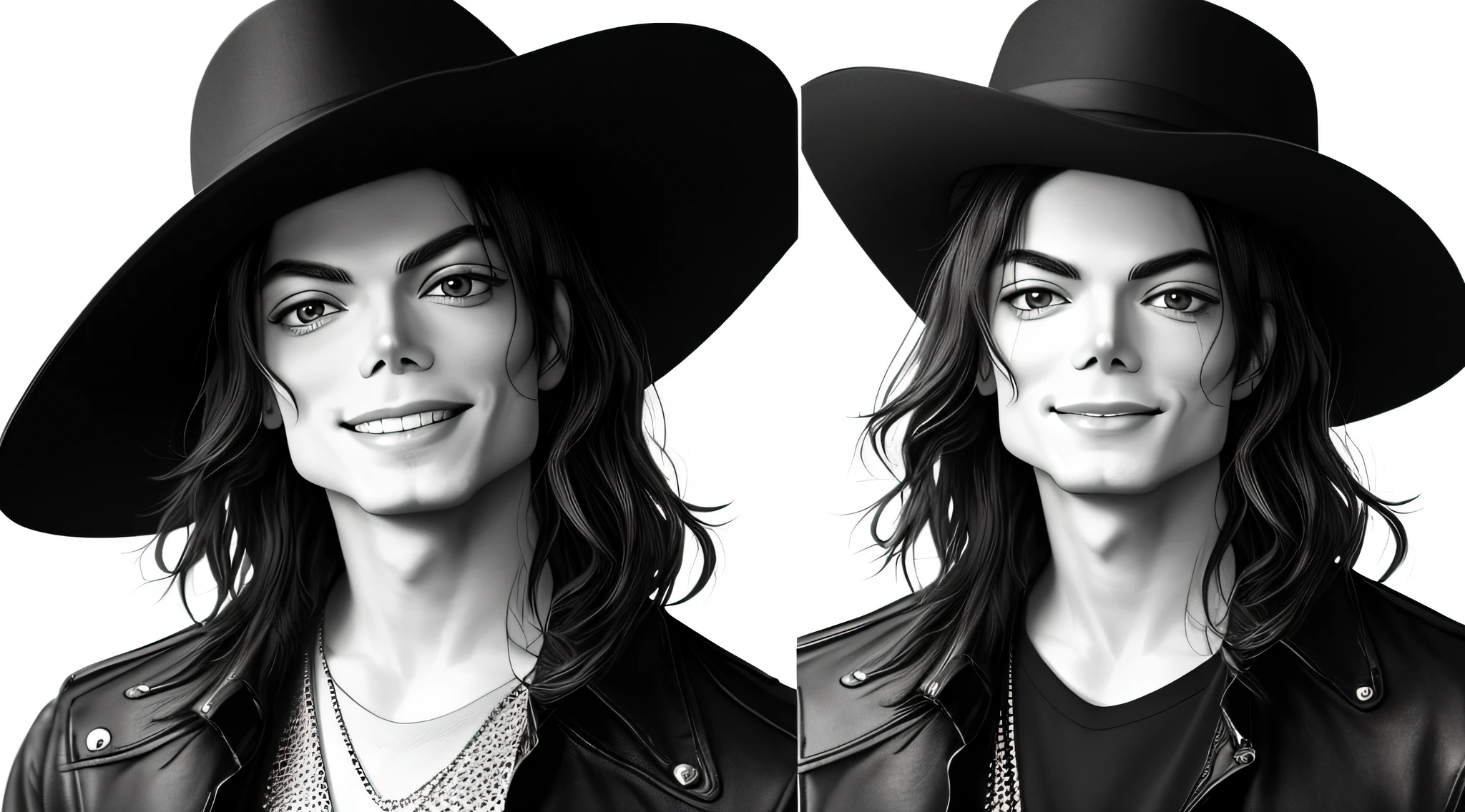 Michael Jackson, smiling, teeth, wearing hat, background gradient, original simulation style, charming look, charming expression. The background should be a simple gradient, pay close attention to details like highlights and shadows on your face and hair to create a realistic and realistic image. Try different lighting techniques to improve the mood and atmosphere of your portrait. Highly detailed skin, Skin detail, Sharp focus, Volumetric fog, 8K UHD, SLR, High quality, Film grain, Fujifilm XT3, (Best quality: 1.4), (Masterpiece: 1.4), (Detail: 1.3), (Best quality: 1.4), (Masterpiece: 1.4), (Detail: 1.3), (Realism: 1.4), (Best quality: 1.0), (Super high resolution: 1.0) (white background: 1.3).