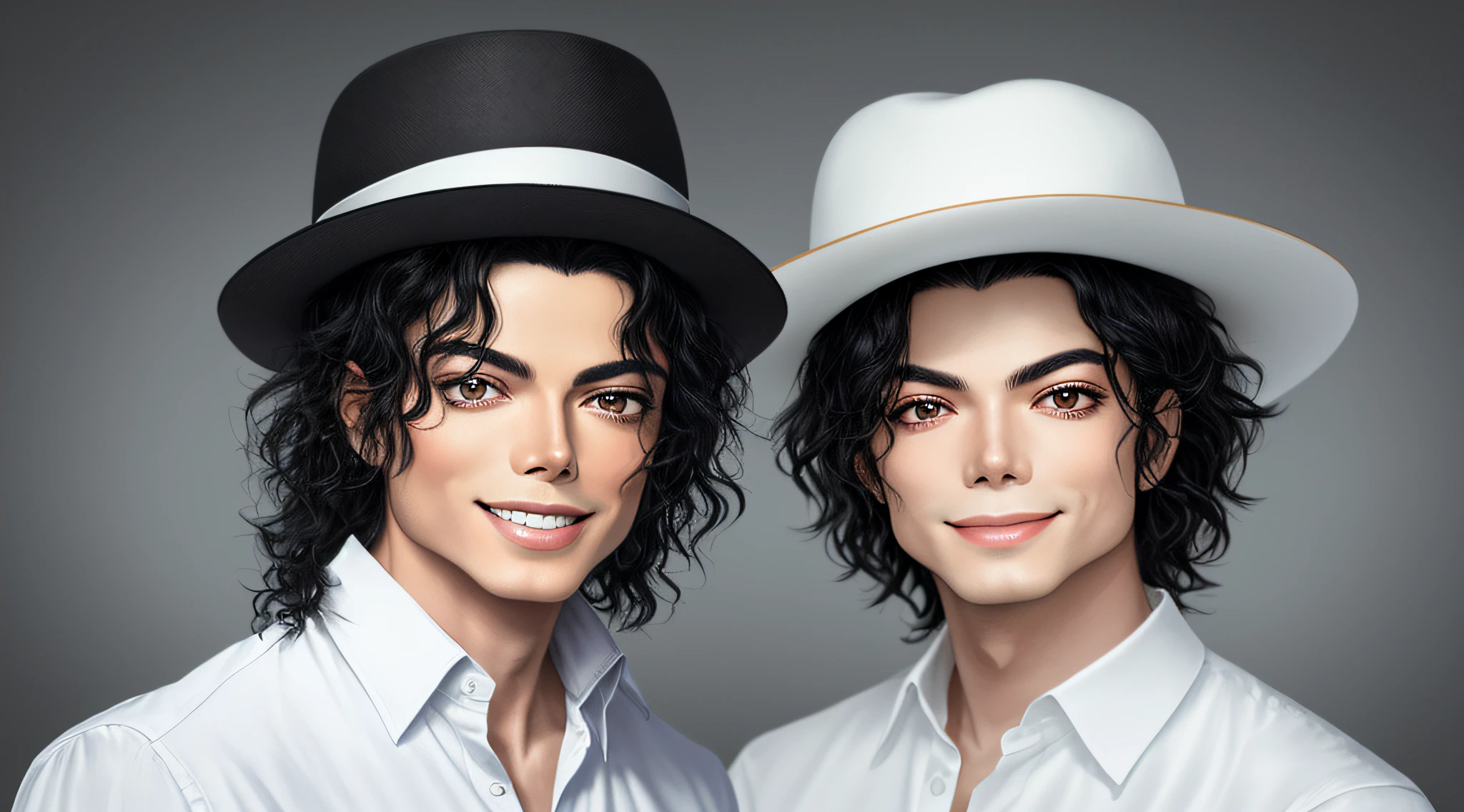 Michael Jackson, smiling, teeth, wearing hat, background gradient, original simulation style, charming look, charming expression. The background should be a simple gradient, pay close attention to details like highlights and shadows on your face and hair to create a realistic and realistic image. Try different lighting techniques to improve the mood and atmosphere of your portrait. Highly detailed skin, Skin detail, Sharp focus, Volumetric fog, 8K UHD, SLR, High quality, Film grain, Fujifilm XT3, (Best quality: 1.4), (Masterpiece: 1.4), (Detail: 1.3), (Best quality: 1.4), (Masterpiece: 1.4), (Detail: 1.3), (Color gradient background: 1.5, Close-up: 1.5), (Realism: 1.4), (Best quality: 1.0), (Super high resolution: 1.0) (white background: 1.3).