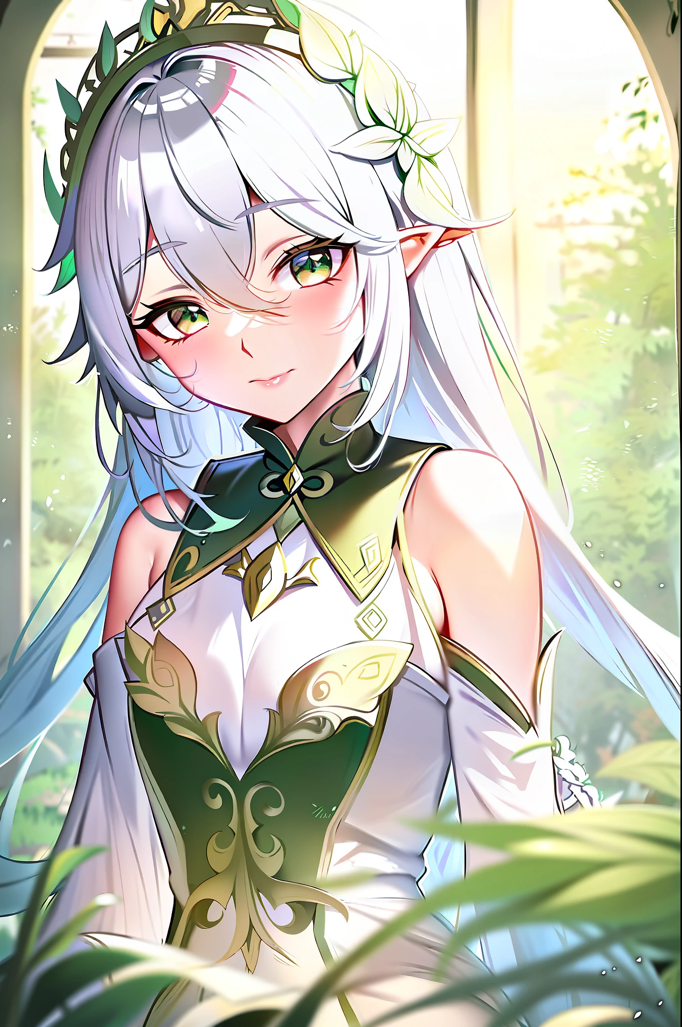 a woman with long white hair and a green dress in a forest, alluring elf princess knight, elf princess, elf girl, elven character with smirk, an elf queen, beautiful fantasy anime, she has elf ears and gold eyes, elf princess knight, anime visual of a cute girl, elven princess, portrait of an elf queen, beautiful and elegant elf queen