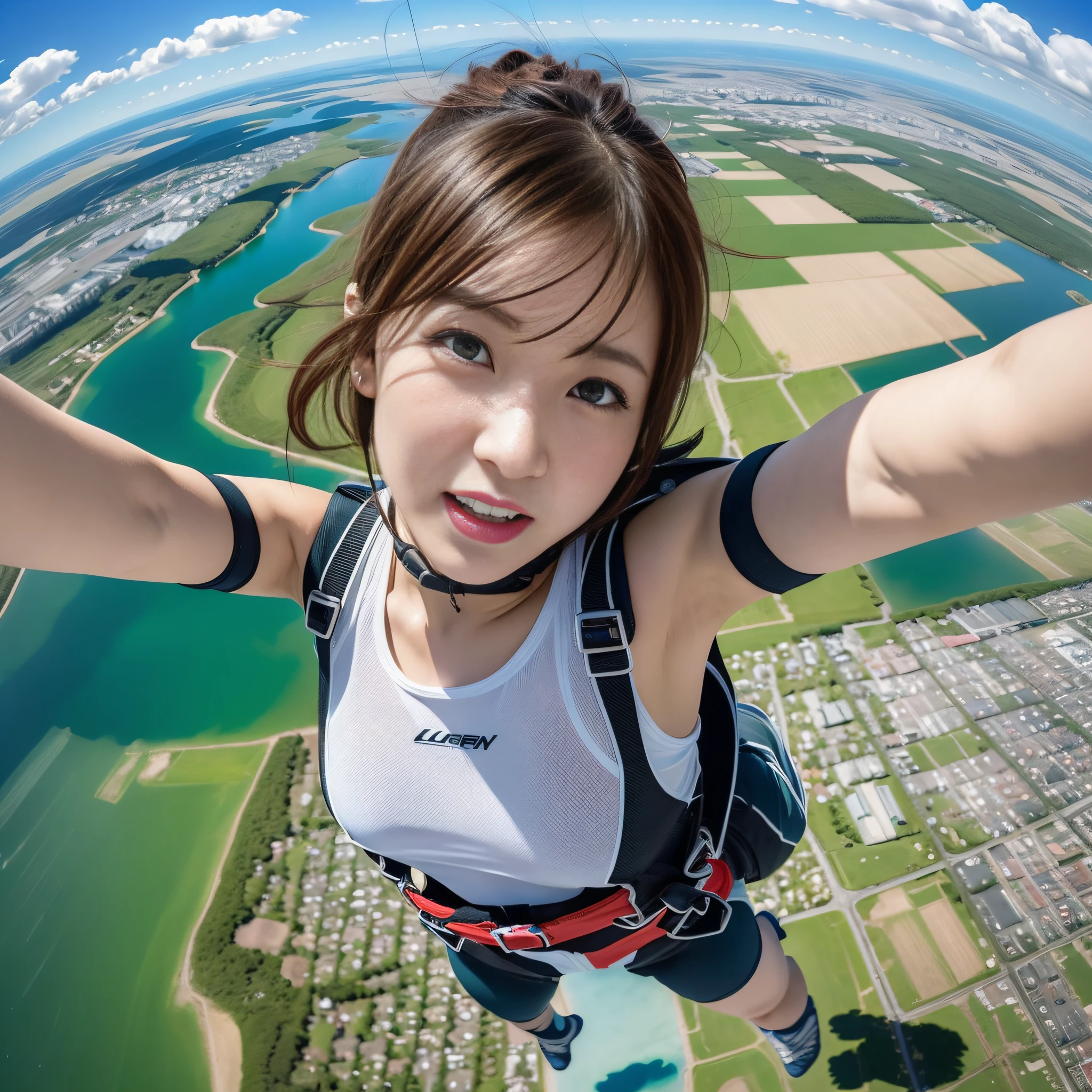 32K,High Definition、Real Photostic、One Japan Girl,Extreme Sports Photography,Skydiving,Parachute Open,Falling from 4000M,Thrilling,Nervous,Happy,Selfie Medium Shot,Half Body Shot,Background Sky,Land, Sea,Lake Bird's Eye View,High Texture,Realistic Effects