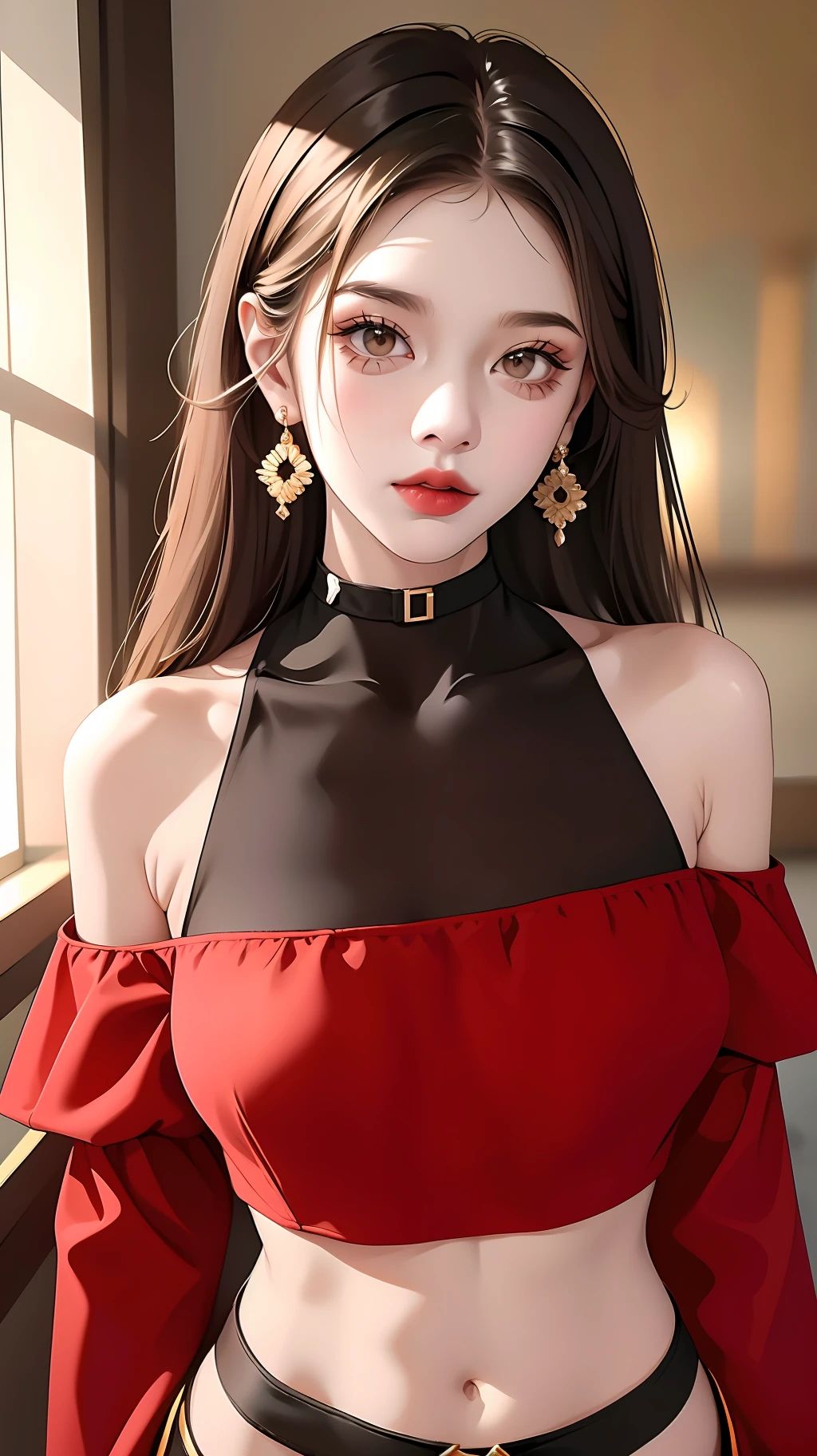 1girl,bare_shoulders,black_choker,breasts,brown_eyes,brown_hair,choker,crop_top,earrings,jewelry,lips,long_hair,long_sleeves,looking_at_viewer,navel,off_shoulder,red_dress,red_shirt,solo