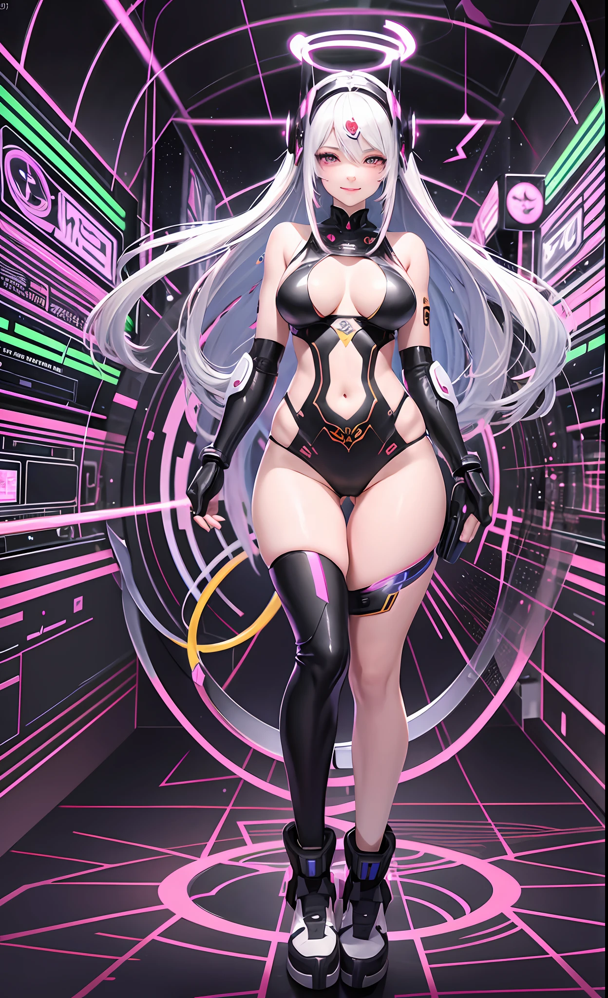 Masterpiece, Best Quality, Girls, Slender, Long Hair Spreading, White Skin, Medium, Pretty, Sexy, Halo, Near Future, Bikini, High Leg, Skin Exposed, Psychedelic, Trip, Extreme Color, Paisley, Extreme Color, Cyberspace, Cyberpunk, Disco, Mirror Ball, Heavenly World, Lotus Flower, Buddhism, Mandala Theme, Open Legs, Eye Shadow, False Lashes, Blushing, cyborg, headgear, smile, full body