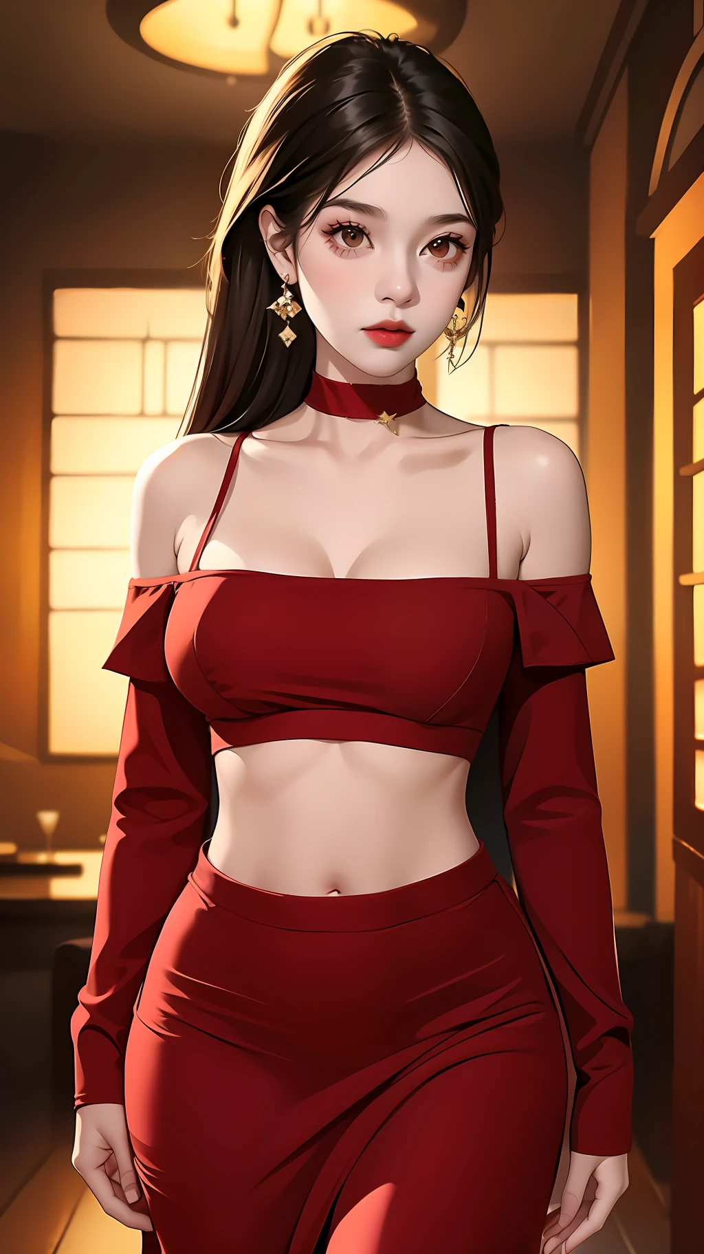 1girl,bare_shoulders,black_choker,breasts,brown_eyes,brown_hair,choker,crop_top,earrings,jewelry,lips,long_hair,long_sleeves,looking_at_viewer,navel,off_shoulder,red_dress,red_shirt,solo