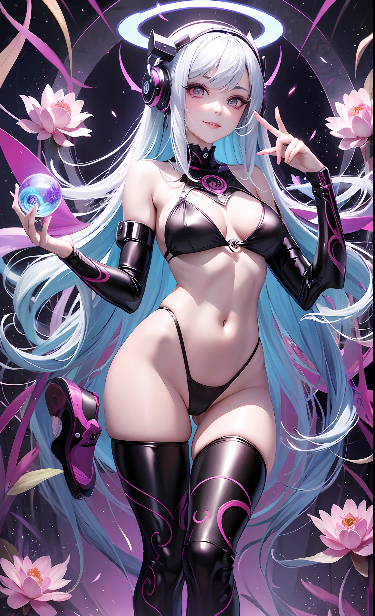 Masterpiece, Best Quality, Girls, Slender, Long Hair Spreading, White Skin, Medium, Pretty, Sexy, Halo, Near Future, Bikini, High Leg, Skin Exposed, Psychedelic, Trip, Extreme Color, Paisley, Extreme Color, Cyberspace, Cyberpunk, Disco, Mirror Ball, Heavenly World, Lotus Flower, Buddhism, Mandala Theme, Open Legs, Eye Shadow, False Lashes, Blushing, cyborg, headgear, smile, full body