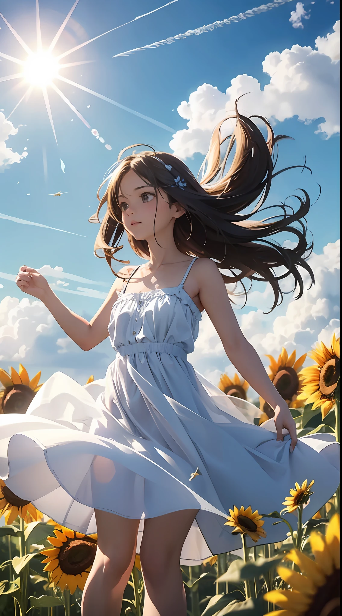 meadow, blue sky, white cumulonimbus, contrails, shining sun, sunflower field swaying in the wind, photo quality, live action, reality, transparency, realistic depiction, 8K quality, UHD, DSLR, high quality, film grain, fujifilm XT3, girl in white camisole dress, standing, barefoot, hair swaying in the wind, hair up to the shoulders, big, big eyes,