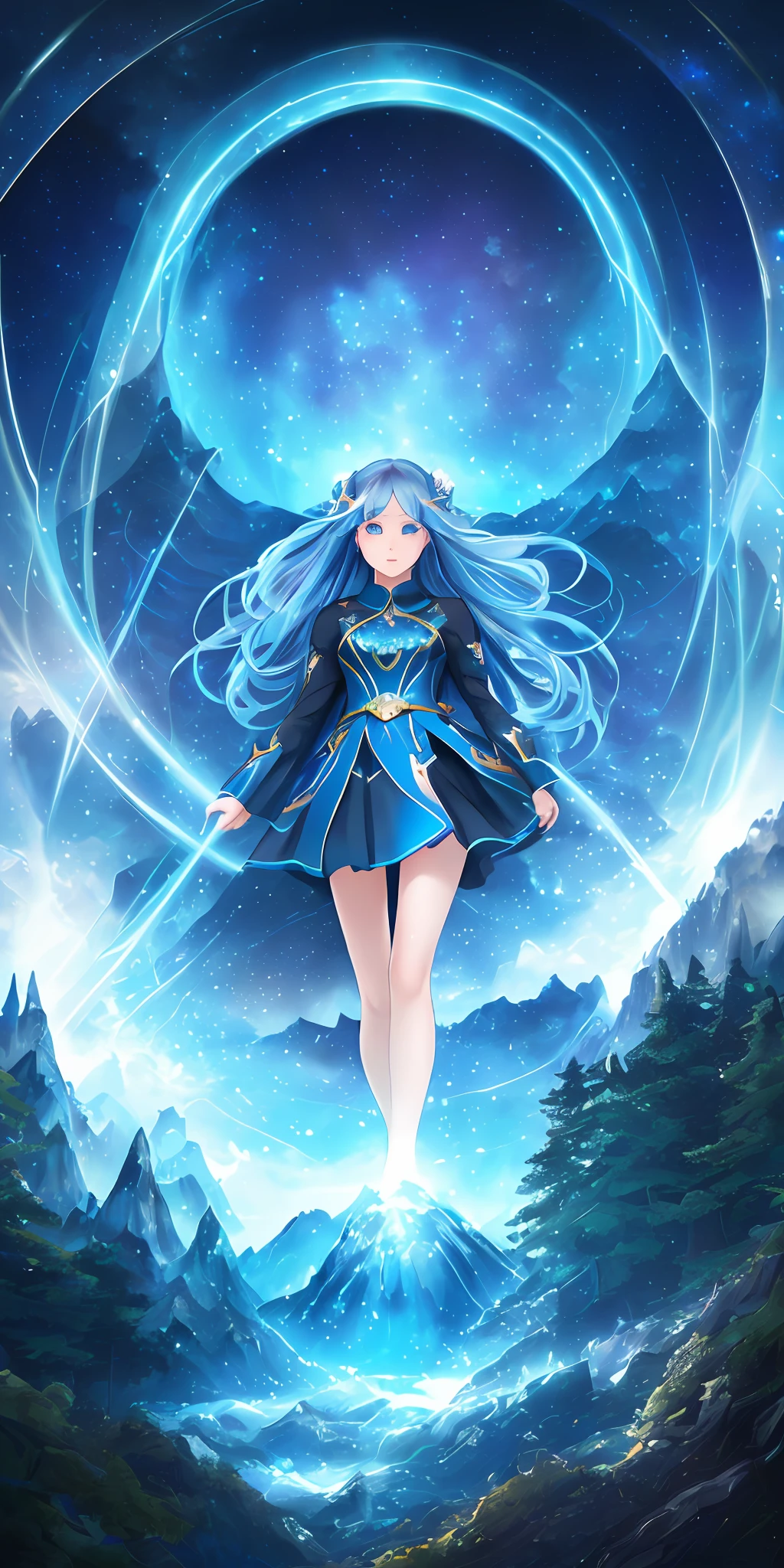 An illustration of a surreal, otherworldly, sur-sky scene including a huge crystal tree full body, very detailed and magical lighting, intricate forest details, vegetation and surrounding rivers, solar punk, landscapes, giant trees, beautiful green leaves, beautiful lights and realistic proportions, (((1 girl, sexy, cheongsam, full_body, wave head, side-parted hair, blue eyes)), dynamic poses, in comic book style, depicting a group of characters in various action scenes, From intense battles to relaxing moments, with dramatic speed lines and bold sound effects, capturing the thrill and energy of the story, mountains, starry sky, tall woods, masterpiece), as if it were a movie background, 8k, highest quality, masterpiece, clouds and stars in the sky, water-colored eyes, cinematic lighting, depth of field, moving graph, UHD, anatomically correct, super detail, textured skin, high detail, best quality, 4K.