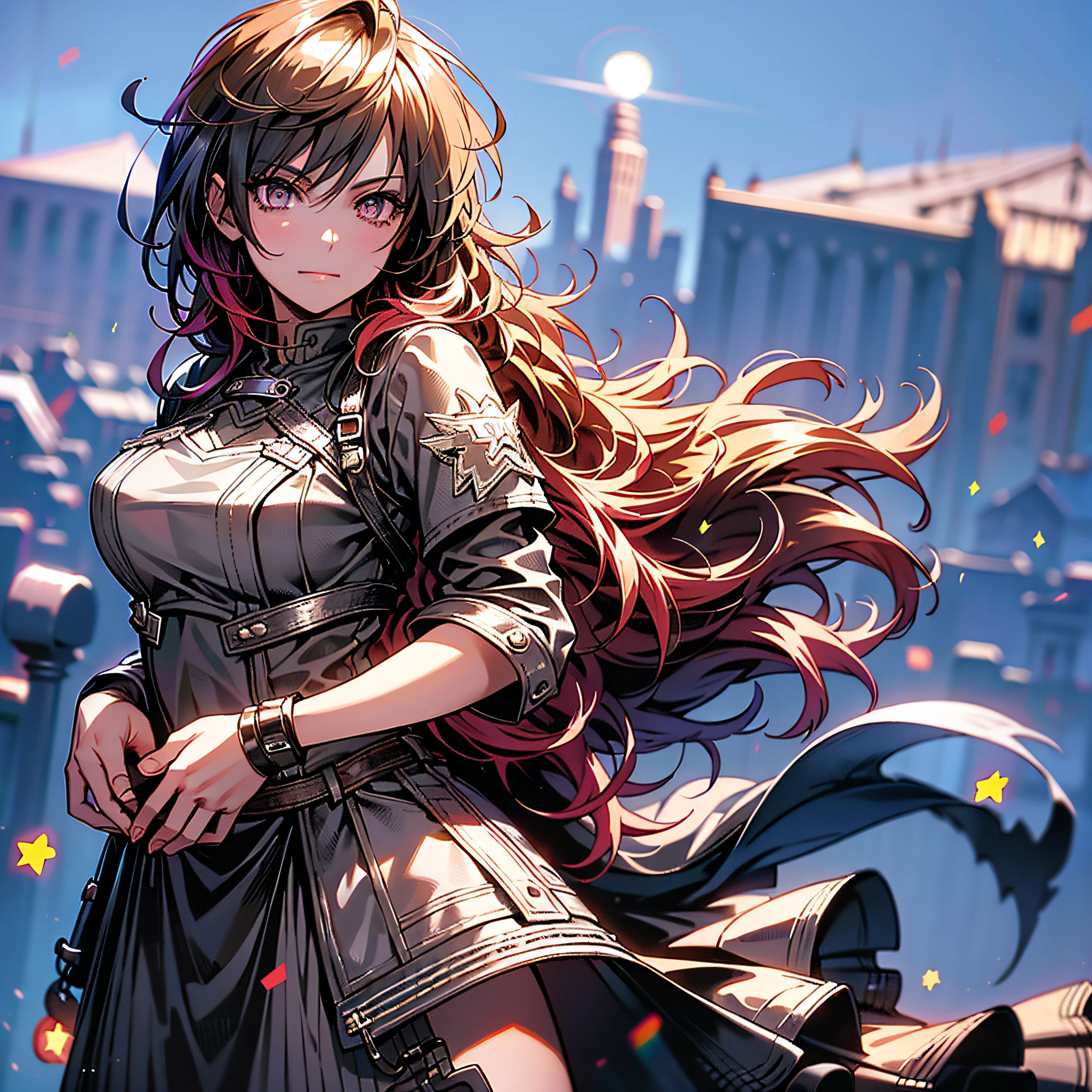 (castle, moonlight, gorgeous view)
(cowboy shot), sfw, (masterpiece), (best quality:1.0), (ultra highres:1.0), detailed eyes, detailed clothing texture, beautiful face, 1girl, solo, Argilla posing, hand on hip
tribe outfit, grey jacket, breast tattoo
soejima shigenori