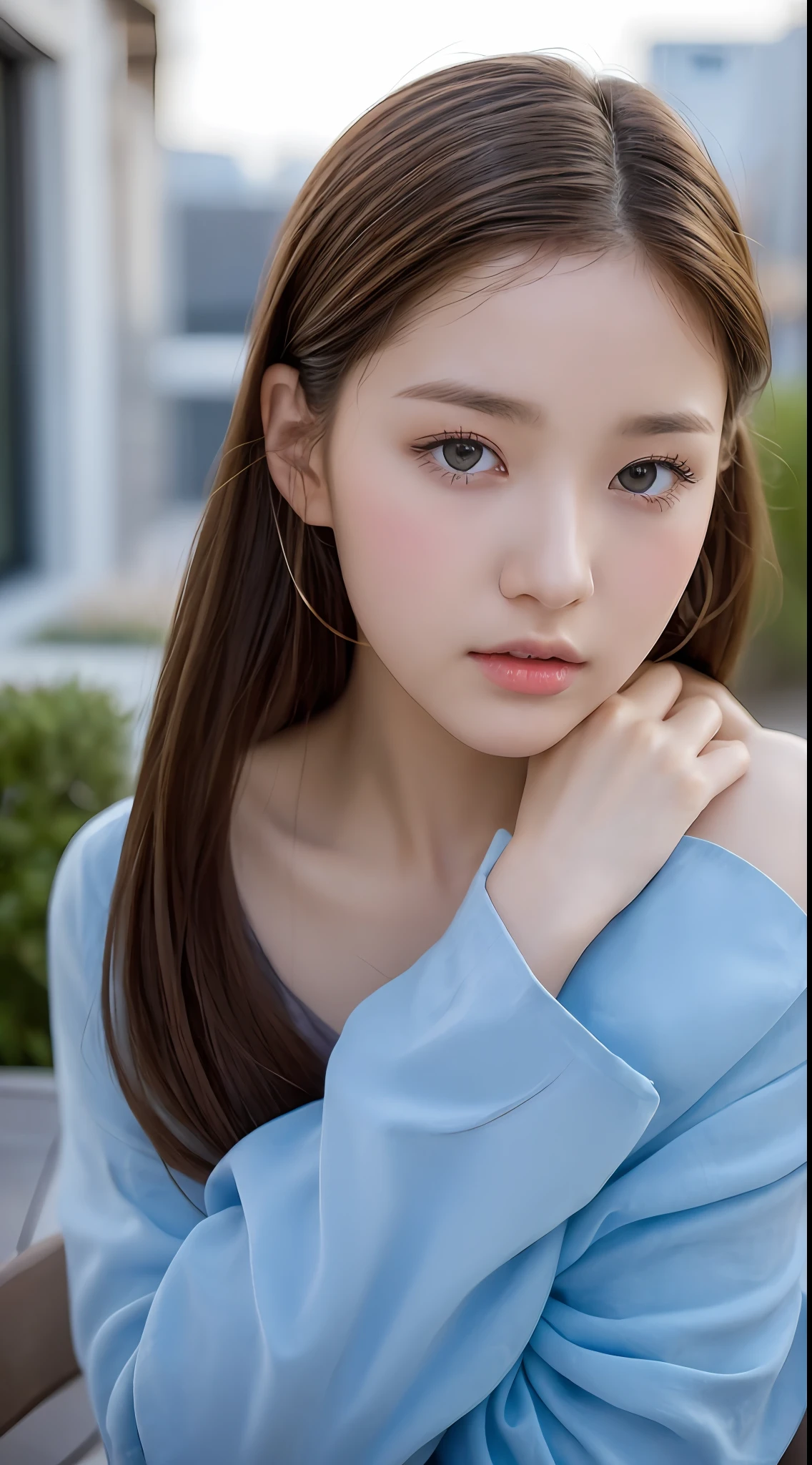 Top quality, realistic, perfect human body structure, very detailed, very delicate and beautiful, RAW photography, night cityscape, professional lighting, face lighting, depth of field, single focal, full body photo, 13 year old woman, brown hair, brown eyes, small head, ((big)), baby face, fashion girl, beautiful eyes, real face, real skin, real face, realistic skin, detailed eyes, (fashionable hairstyle: 1.3), Sexy pose, viewer, looking at detailed face and breasts, middle school student