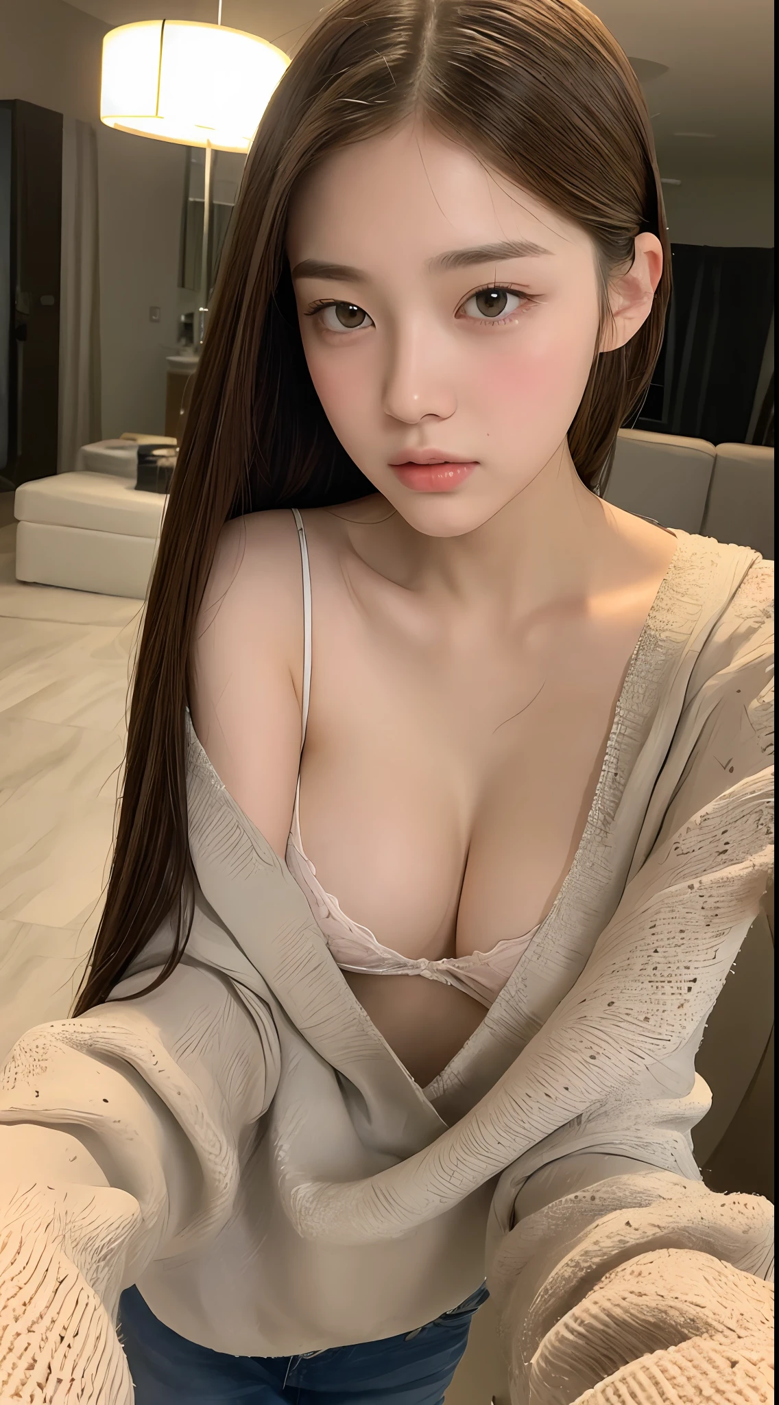 Top quality, realistic, perfect human body structure, very detailed, very delicate and beautiful, RAW photography, night cityscape, professional lighting, face lighting, depth of field, single focal, full body photo, 13 year old woman, brown hair, brown eyes, small head, ((big)), baby face, fashion girl, beautiful eyes, real face, real skin, real face, realistic skin, detailed eyes, (fashionable hairstyle: 1.3), Sexy pose, viewer, looking at detailed face and breasts, middle school student