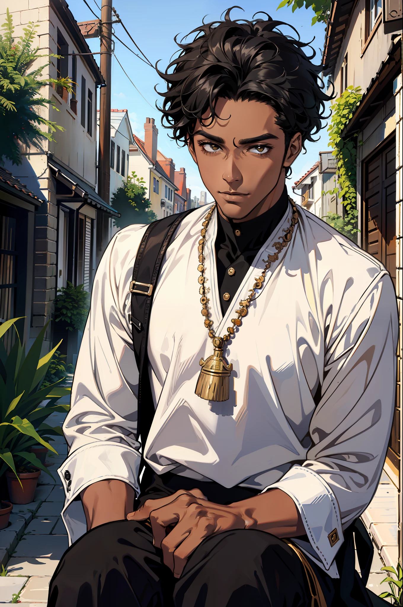 (absurd, highres, ultra detailed), 1 black man, handsome, tall and muscular face, very short curly hair, best ratio four fingers and a thumb, better light and shadow, background is an alley, sunlight with details, sitting, dogs are gathered next for him, sunlight spotted, day, depth of field, plants, summer, (Dutch angle), mouth closed,   black man face (Egyptian)