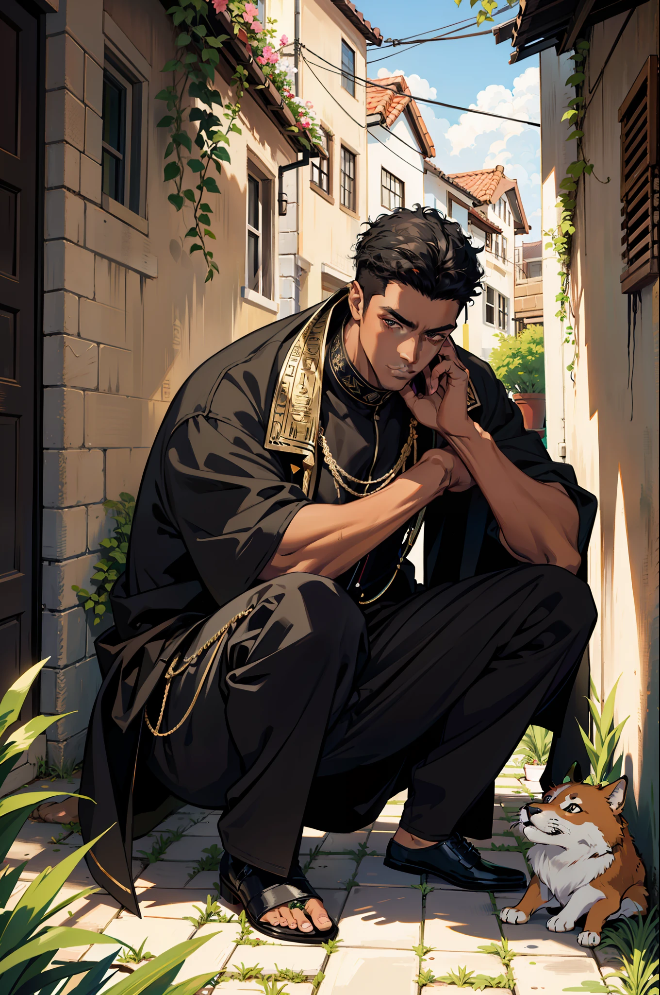 (absurd, highres, ultra detailed), 1 black man, handsome, tall and muscular face, very short curly hair, best ratio four fingers and a thumb, better light and shadow, background is an alley, sunlight with details, sitting, dogs are gathered next for him, sunlight spotted, day, depth of field, plants, summer, (Dutch angle), mouth closed, black man face (Egyptian)