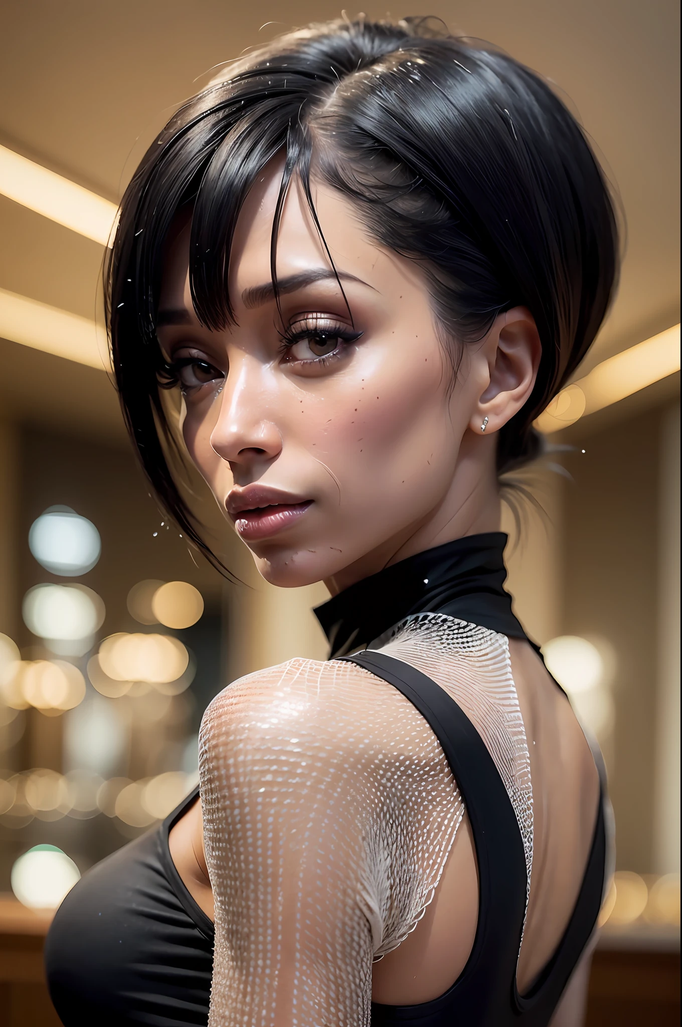 (((Tamara Taylor))), (a very tall slender woman with long legs standing at the reception in the hotel lobby), ((tall slender figure)), ((hairstyle bob)), ((barefoot)), ((short straight black hair)), (narrow pelvis), (small round breasts), big brown eyes, ((small head)), ((evening mood)), she smiles, (((She wears an elegant black cotton dress))), (cotton dress), (photorealistic:1.2), (best quality), (intricate details), 8K, (High Poly), (Raytracing), (Cinema Lighting), (Sharp Focus), (Detailed Face:1.3), Natural and Realistic Skin Textures, Soft Face, (Perspective from Behind), ((Wet Dress and Damp Skin))