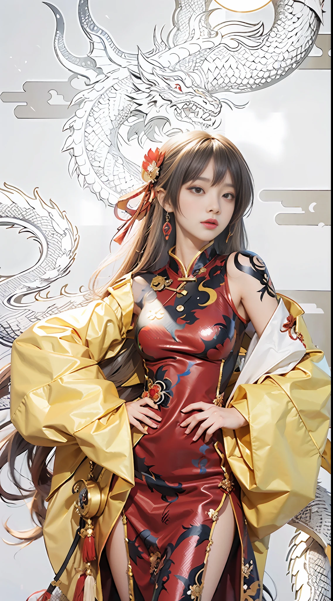 a woman in a red dress with a dragon on her shoulder, anime goddess, ayaka genshin impact, keqing from genshin impact, cute anime waifu in a nice dress, seductive anime girl, onmyoji, onmyoji detailed art, ayaka game genshin impact, onmyoji portrait, zhongli from genshin impact